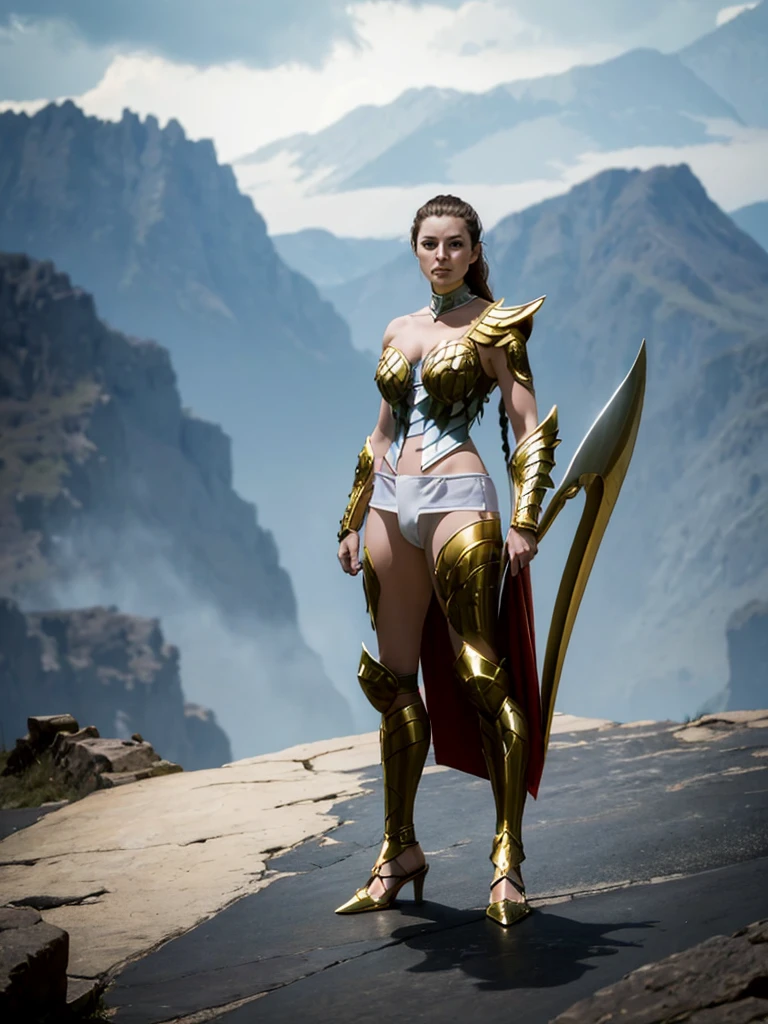 Create a high-quality image of a woman wearing full-body golden armor. She is depicted in a majestic pose, proudly standing amidst a grandiose backdrop. Her armor gleams with the brightness of gold, reflecting the sunlight streaming through the clouds. Her hair cascades over her shoulders, framing her determined and confident face. In her hands, she holds a sword or shield, ready to defend her cause with bravery. In the background, an epic landscape of towering mountains and a vast, infinite sky. This woman is a vision of power and nobility, a fearless leader ready to face any challenge that comes her way.