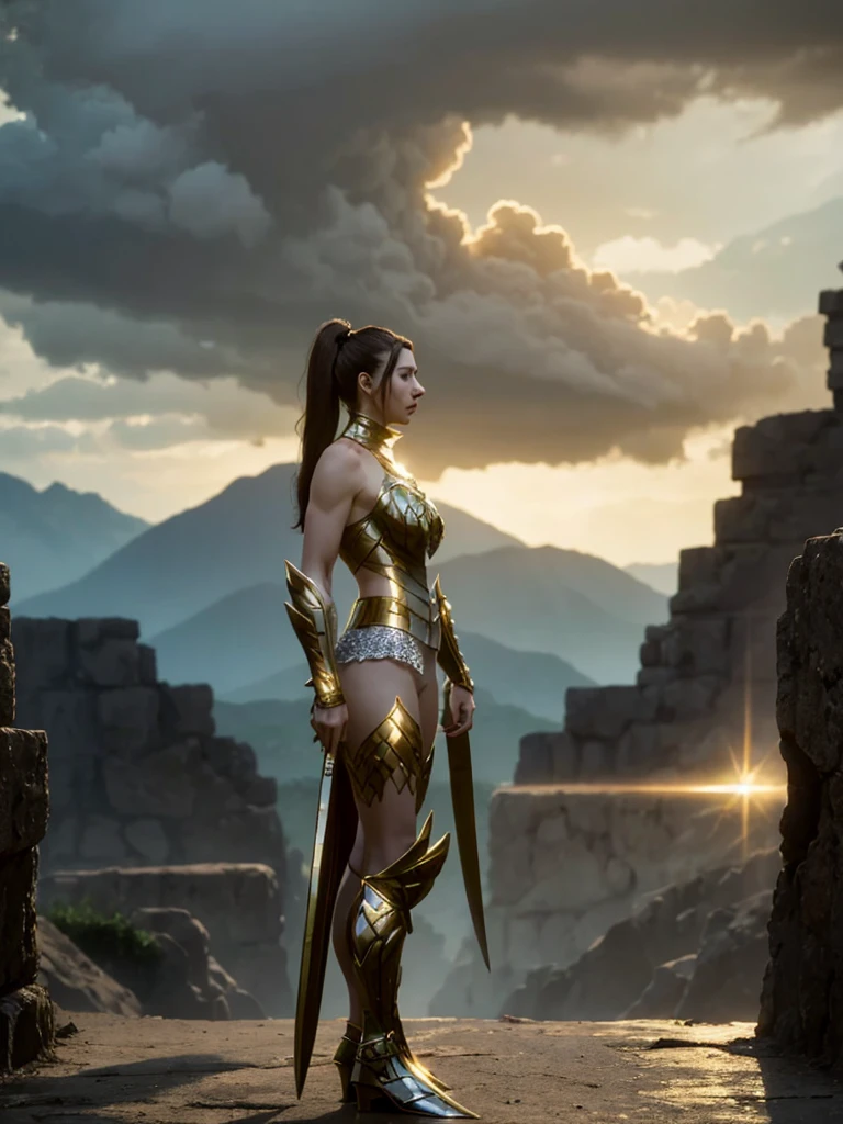 Create a high-quality image of a woman wearing full-body golden armor. She is depicted in a majestic pose, proudly standing amidst a grandiose backdrop. Her armor gleams with the brightness of gold, reflecting the sunlight streaming through the clouds. Her hair cascades over her shoulders, framing her determined and confident face. In her hands, she holds a sword or shield, ready to defend her cause with bravery. In the background, an epic landscape of towering mountains and a vast, infinite sky. This woman is a vision of power and nobility, a fearless leader ready to face any challenge that comes her way.