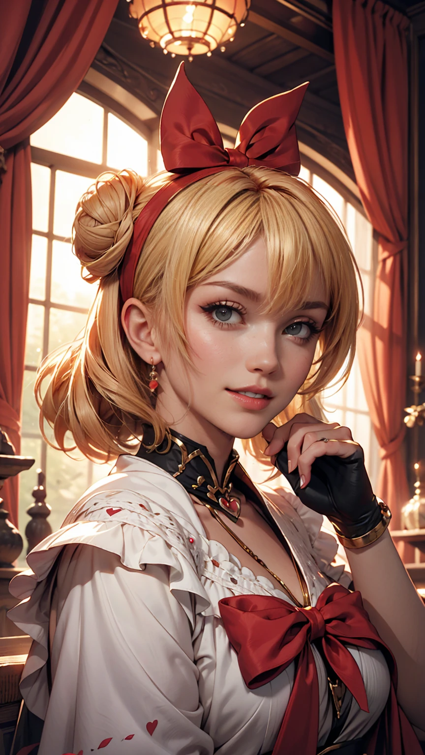 Drill Hair, curtained hair, Hair Bun, Big Hair, Medium Hair, Ribbon Hairband, Heart-shaped pupils, Raise your eyebrows, smile, Pursed lips, Surrealism, Renaissance, anime, anime style, Cinema Lighting, Depth of written boundary, God&#39;s Rays, Cast a Shadow, Fujicolor, First Person View, throw, Wide-angle, anime style, Surrealism, 超High resolution, retina, masterpiece, Accurate, Textured skin, Attention to detail, High resolution, 16k