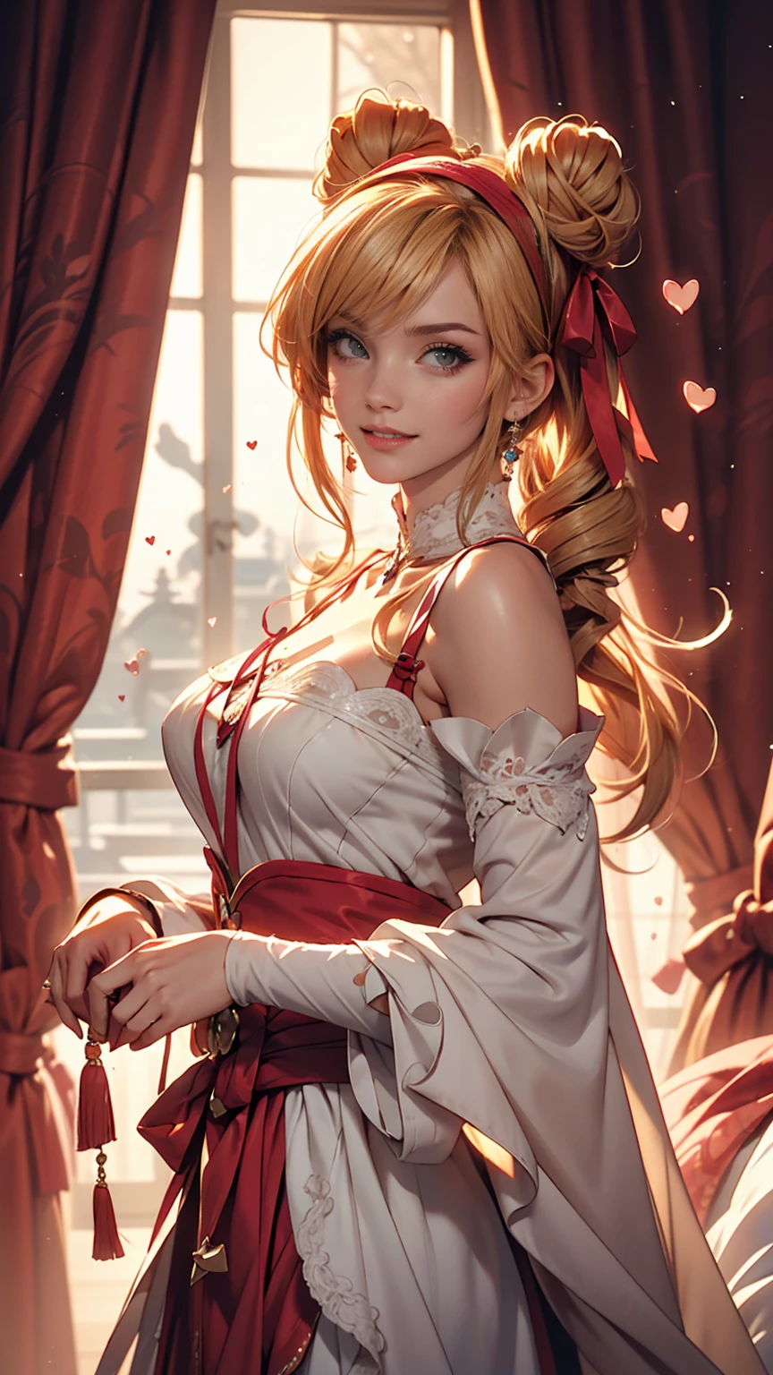 Drill Hair, curtained hair, Hair Bun, Big Hair, Medium Hair, Ribbon Hairband, Heart-shaped pupils, Raise your eyebrows, smile, Pursed lips, Surrealism, Renaissance, anime, anime style, Cinema Lighting, Depth of written boundary, God's Rays, Cast a Shadow, Fujicolor, First Person View, throw, Wide-angle, anime style, Surrealism, 超High resolution, retina, masterpiece, Accurate, Textured skin, Attention to detail, High resolution, 16k