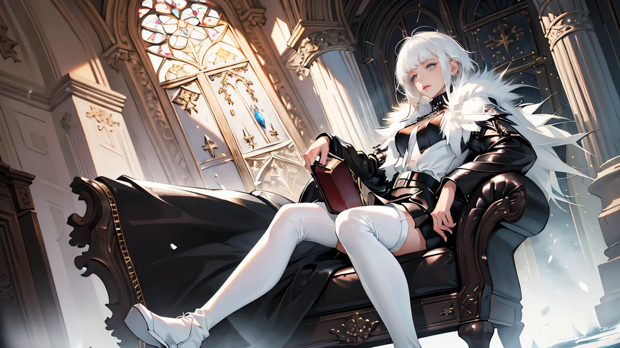 masterpiece, ultra detailed, 8k portrait, RAW photo, portrait photography, highly detailed face, beautiful and meticulous eyes, ((Fantasy)), Young beautiful, 17 years old, Princess, cute pose, (((short bobbed white hair))), blunt bangs, (((White skin color))), Luxury, hooded (((black fur coat))) fluttering in the wind, (((chunky black low-exposure Blouse))), (((leather short skirt))), (((white thigh high tights))), leather boots, Midday Sun, hyper realistic, Body model, Small breasts, Beautiful breasts, Long legs, fireplace side In the castle of snow kingdom, Ambient lighting, Shadow details , Camera focus on face, strong breeze, Light fog