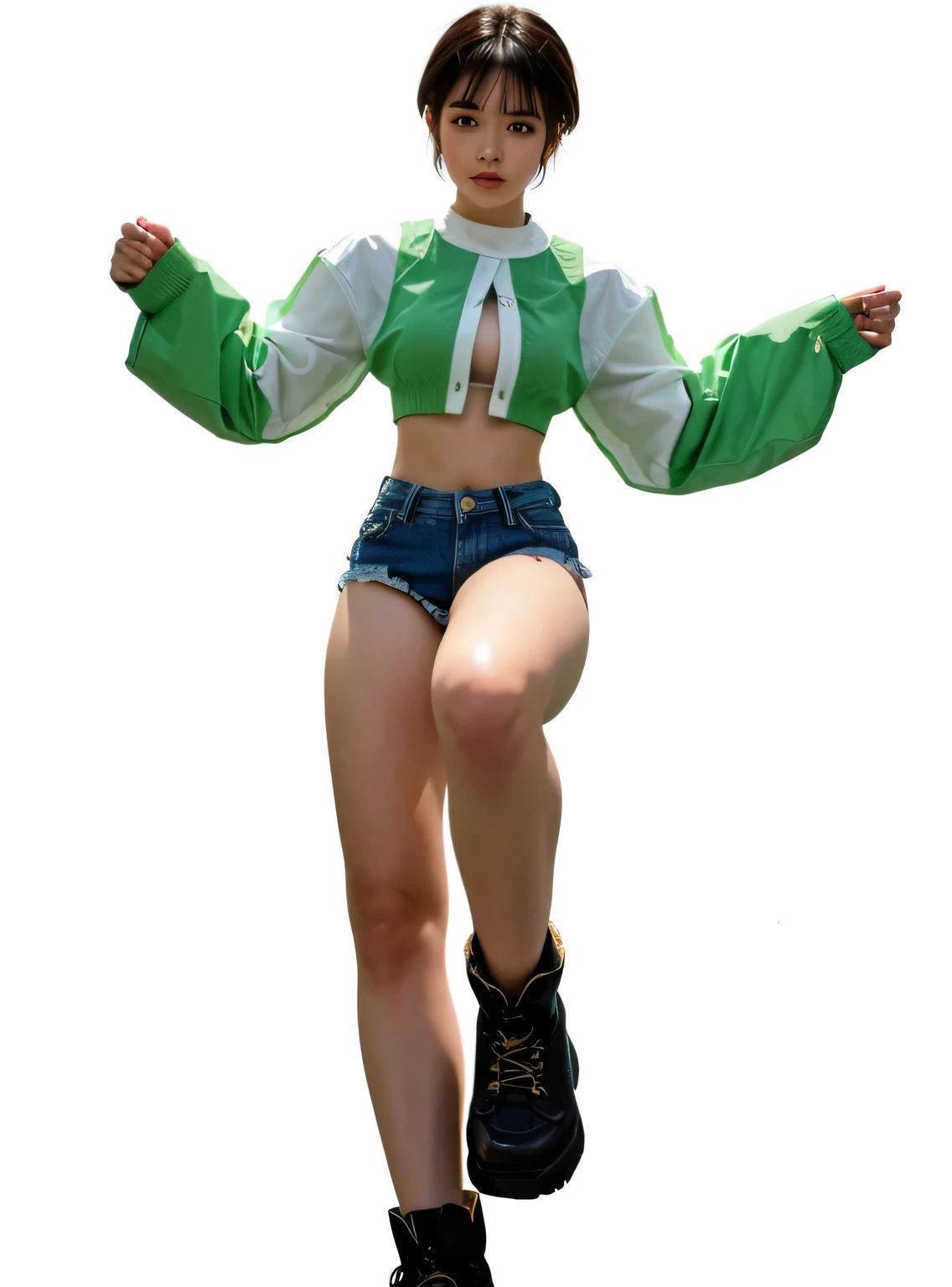 girl, brown short hair, green cut out crop top with long sleeves, midriff, denim skimpy shorts, exposed large thighs, brown boots