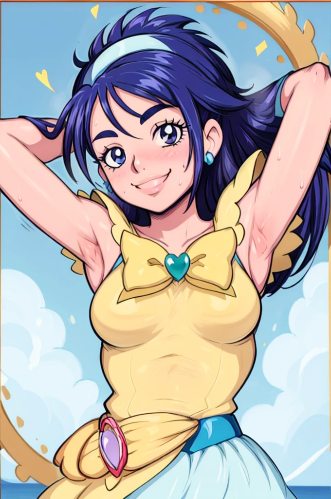 masterpiece, best quality, pretty cure, looking at viewer, very large breasts, upper body, portrait, looking at viewer, seductive smile,put your hands behind your head, armpits, armpits visible, sweaty armpits, long hair, blue hair,