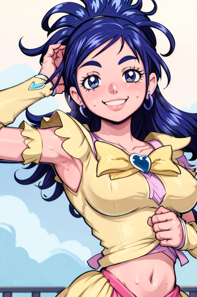 masterpiece, best quality, pretty cure, looking at viewer, very large breasts, upper body, portrait, looking at viewer, seductive smile,put your hands behind your head, armpits, armpits visible, sweaty armpits, long hair, blue hair,