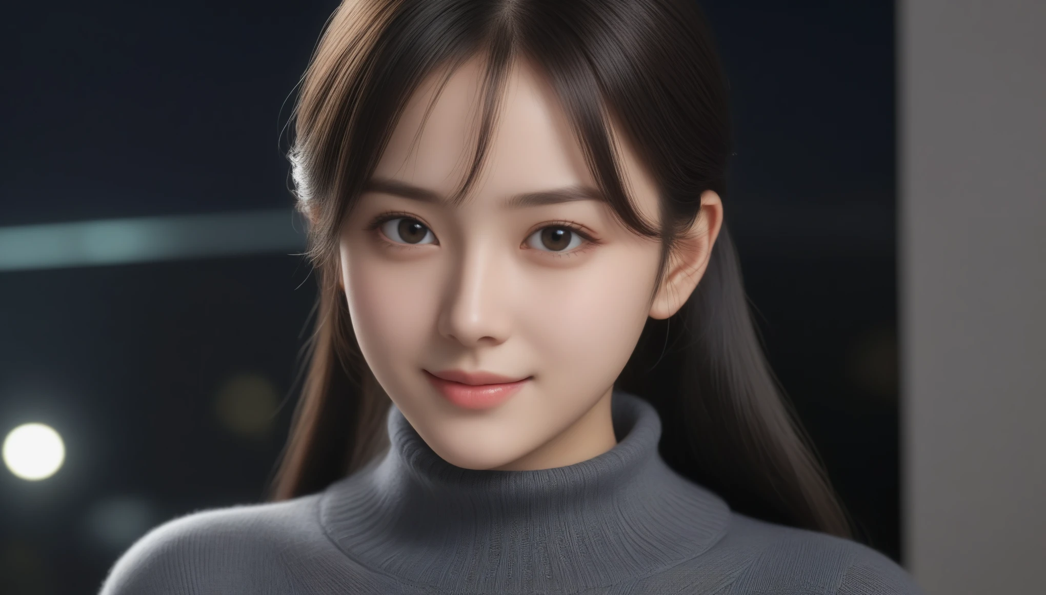 8K, 超High resolution, highest quality, masterpiece, 超Realistic, photograph, 1 girl, (:1.3), pretty girl, Cute face, Beautiful eyes in every detail,Tabletop, highest quality, One Girl,(Dark grey turtleneck sweater:1.4),(生photograph, highest quality), (Realistic, Photorealistic:1.4), Tabletop, Very delicate and beautiful, Very detailed, 8K Wallpaper, wonderful, finely, Very detailed CG Unity, High resolution, Soft Light, 美しいdetailedな 16 years oldetailed目と顔, 美しくdetailedな鼻, finelyて美しい目,Cinematic lighting,City lights at night,Perfect Anatomy,Slender body,smile (Black hair twin tails),super cute super model、Please look closely at the camera 、Vivid details、detailed、超Realistic,Light and shadow,Fashion magazine cover,Thin lips
