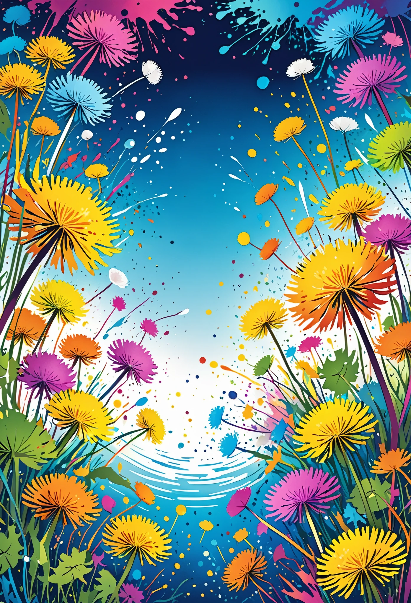 Vector Art, Colorful illustration with lots of dandelions, In the center, Vibrant colors, Paint splatters and stains, High Detail, Underwater swimming background
