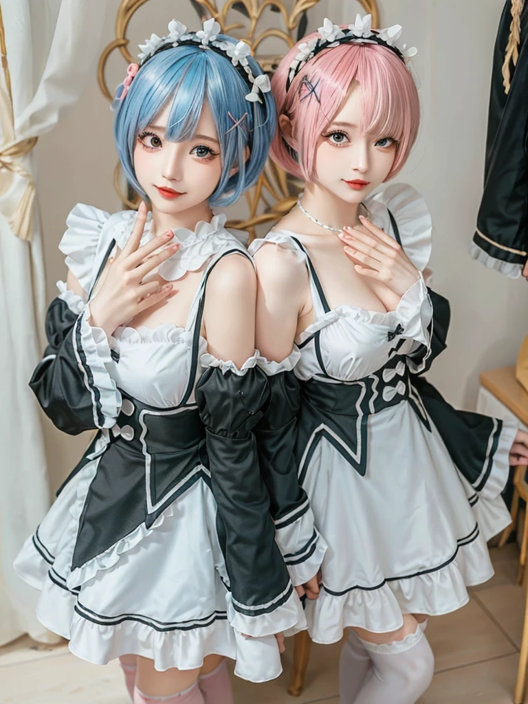 Accurate depiction with high resolution,(8K, Photorealistic, Raw photo, of the highest quality: 1.3), (1girl in), Super beautiful, (Realistic face), (boyish, pink Color Berry Shorthair), Beautiful , Glare that captivates the viewer, Beautiful expression, Beautiful breasts, (Realistic skin), Be...Create a detailed and colorful image of Ram and Rem from Re:Zero, standing back-to-back in their maid outfits, with a magical fantasy background、14years old, two girls,cute, perfect face, beautiful, nice body, gothic lolita clothes, gothic lolita fashion, frilly skirt, headdress, necklace, bracelet, knee-high socks, boots, double eyelids, tear bags, Detailed down to the fingers, photo-like description, indoors, dim indoor lighting, one girl is pink hair and short bob, another girl is light blue hair and short bob,standing,whole body, composition that shows the whole body, smiling,The Both of them are wearing the same type of maid outfit,Optimal ratio of 4 fingers and 1 thumb