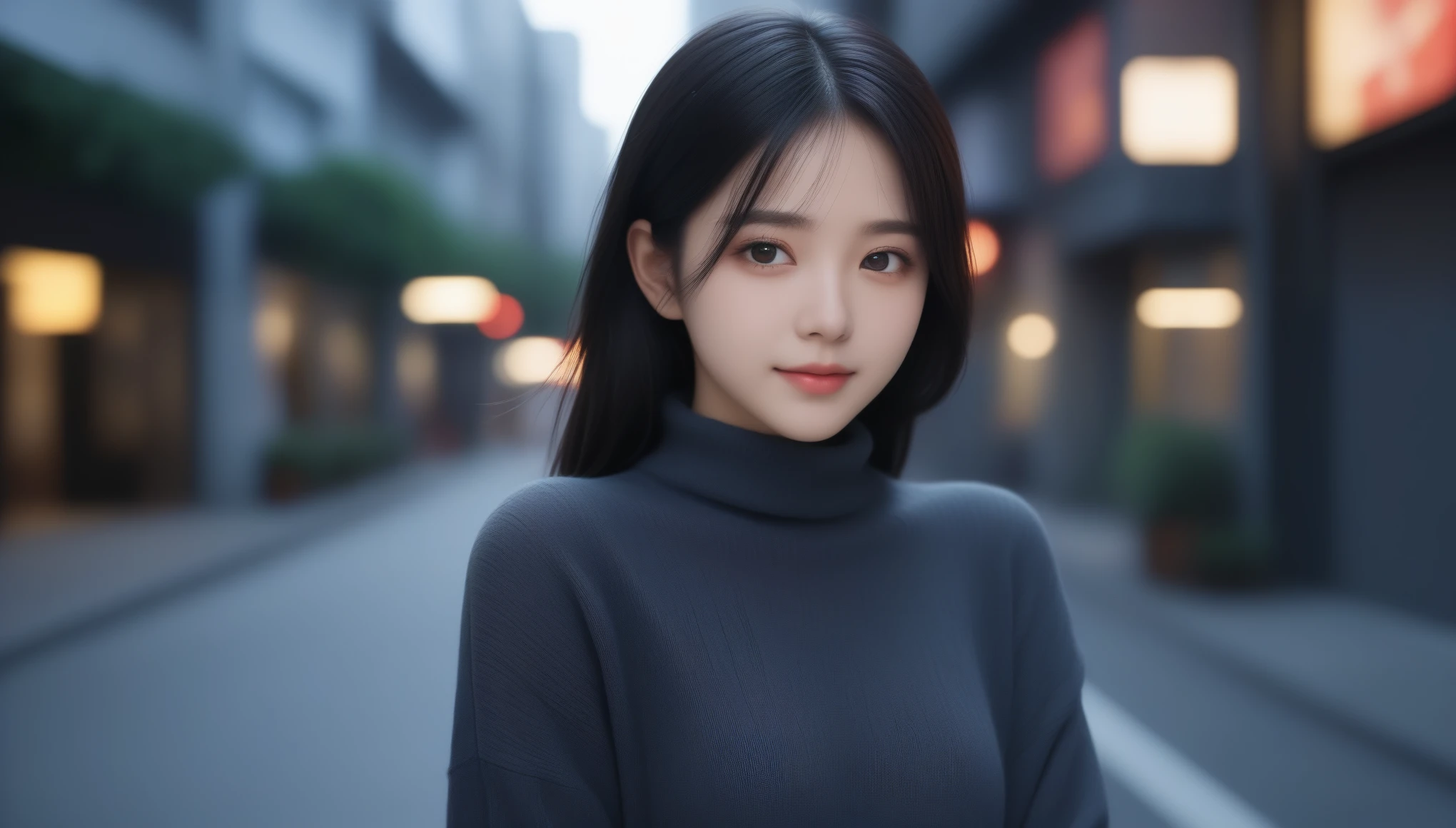 8K, 超High resolution, highest quality, masterpiece, 超Realistic, photograph, 1 girl, (16 years old:1.3), pretty girl, Cute face, Beautiful eyes in every detail,Tabletop, highest quality, One Girl,(Dark grey turtleneck sweater:1.4),(生photograph, highest quality), (Realistic, Photorealistic:1.4), Tabletop, Very delicate and beautiful, Very detailed, 8K Wallpaper, wonderful, finely, Very detailed CG Unity, High resolution, Soft Light, 美しいdetailedな 16 years oldの女の子, Very detailed目と顔, 美しくdetailedな鼻, finelyて美しい目,Cinematic lighting,City lights at night,Perfect Anatomy,Slender body,smile (Black hair twin tails),super cute super model、Please look closely at the camera 、Vivid details、detailed、超Realistic,Light and shadow,Fashion magazine cover,Thin lips