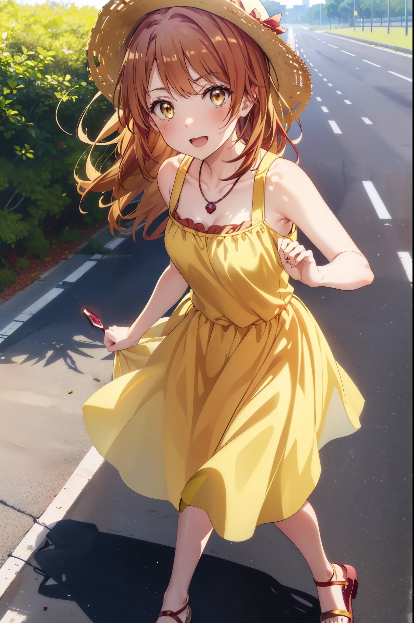 irohaisshiki, Isshiki Iroha, Long Hair, Brown Hair, (Brown ruby eyes:1.5), Sleeveless yellow dress,Yellow long skirt,Bare neck,Locket Necklace,Cute Sandals,Straw hat,happy smile, smile, Open your mouth,Daytime,Clear skies,True Summer,whole bodyがイラストに入るように,Walking,
break outdoors ,公園
break looking at viewer,whole body,
break (masterpiece:1.2), highest quality, High resolution, unity 8k wallpaper, (shape:0.8), (Beautiful and detailed:1.6), Highly detailed face, Perfect lighting, Highly detailed CG, (Perfect hands, Perfect Anatomy),