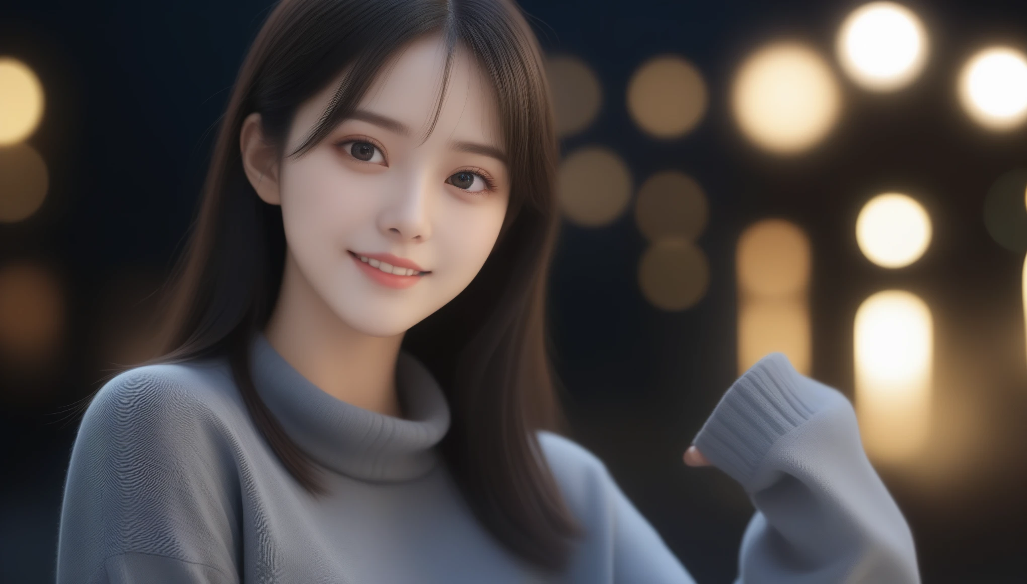 8K, 超High resolution, highest quality, masterpiece, 超Realistic, photograph, 1 girl, (16 years old:1.3), pretty girl, Cute face, Beautiful eyes in every detail,Tabletop, highest quality, One Girl,(Dark grey turtleneck sweater:1.4),(生photograph, highest quality), (Realistic, Photorealistic:1.4), Tabletop, Very delicate and beautiful, Very detailed, 8K Wallpaper, wonderful, finely, Very detailed CG Unity, High resolution, Soft Light, 美しいdetailedな 16 years oldの女の子, Very detailed目と顔, 美しくdetailedな鼻, finelyて美しい目,Cinematic lighting,City lights at night,Perfect Anatomy,Slender body,smile (Black hair twin tails)，super cute super model、Please look closely at the camera 、Vivid details、detailed、超Realistic,Light and shadow,Fashion magazine cover,Thin lips