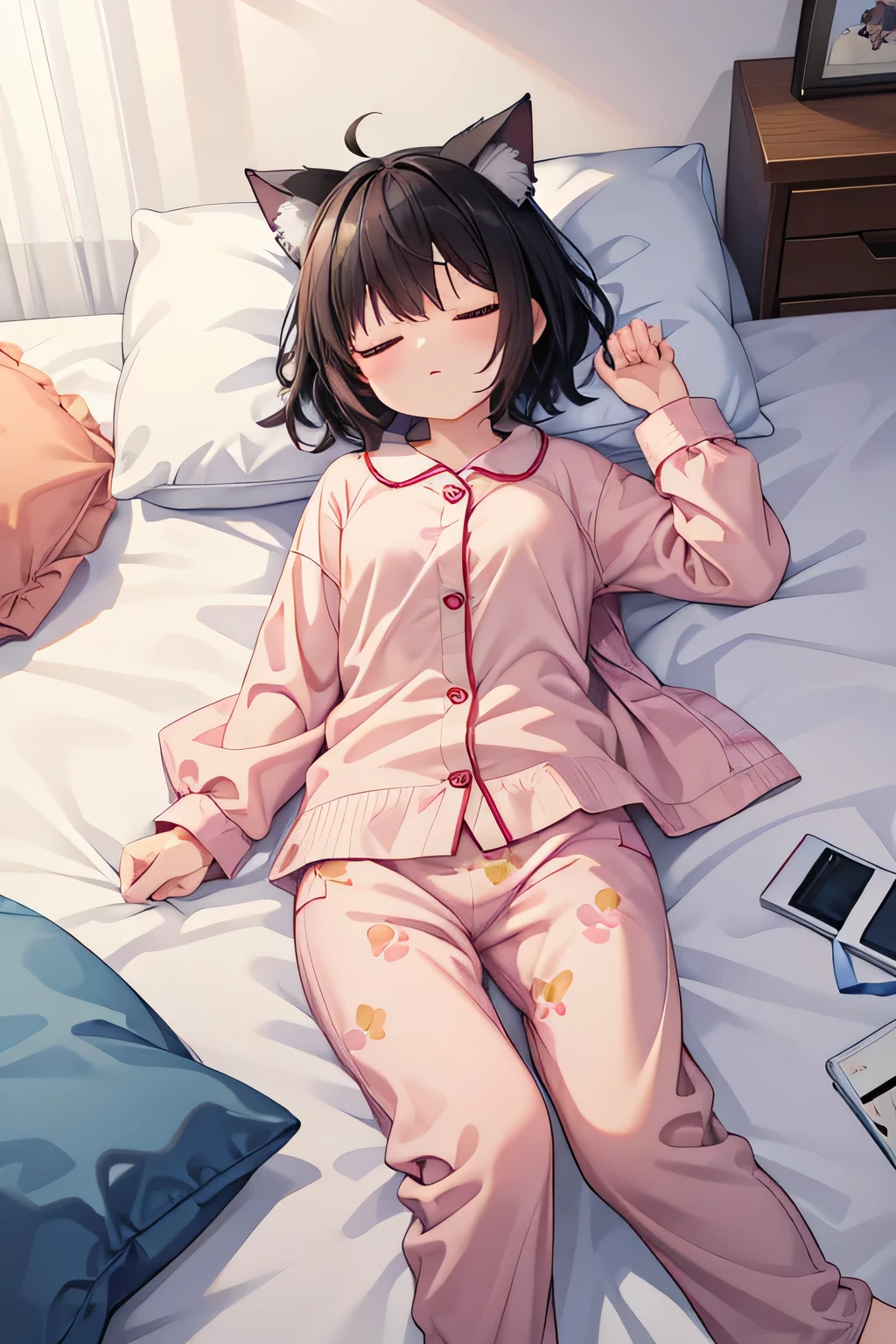 highest quality、Sleeping、bed、Cat ear、Short black hair、pajamas