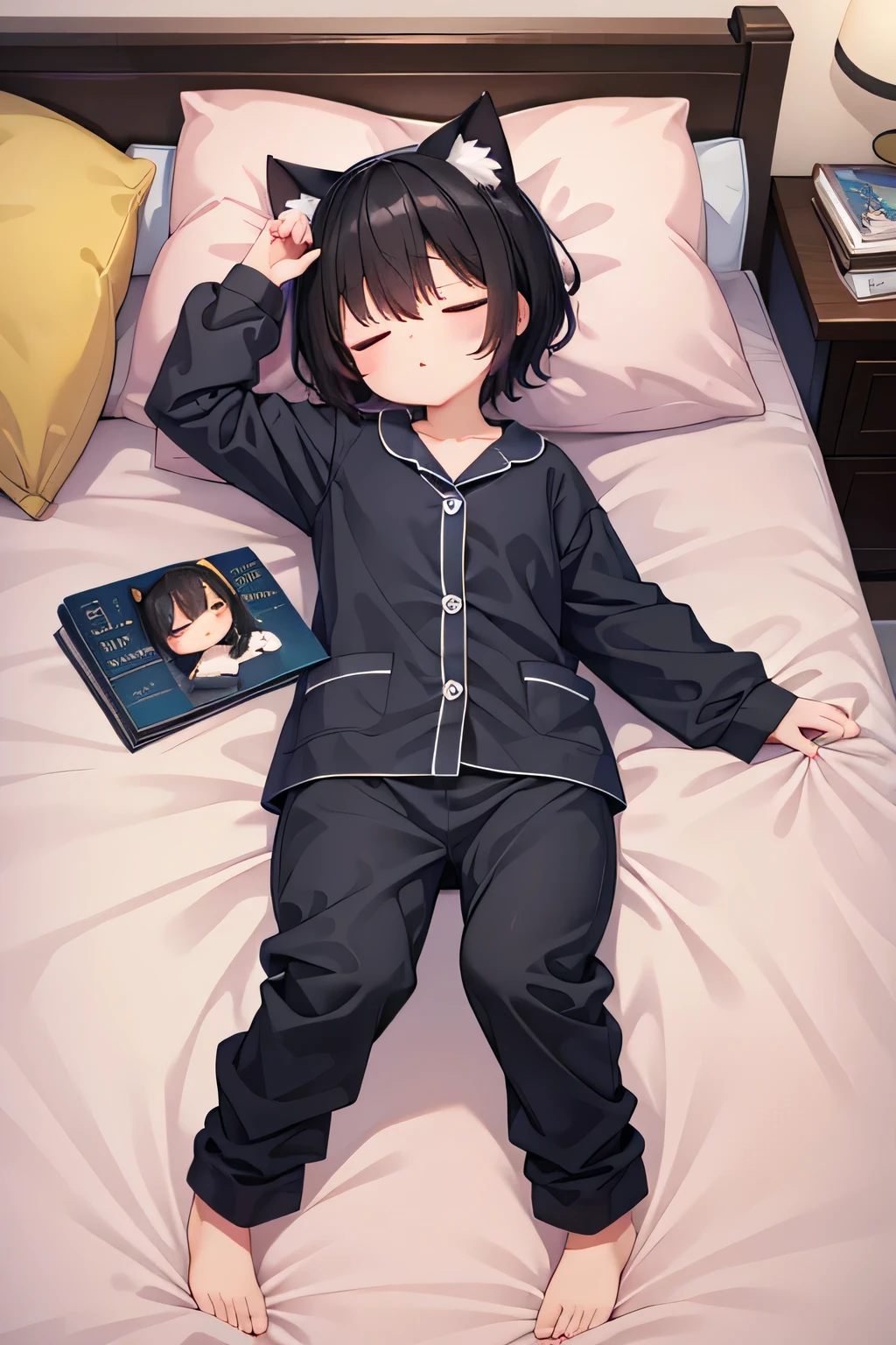 highest quality、Sleeping、bed、Cat ear、Short black hair、pajamas