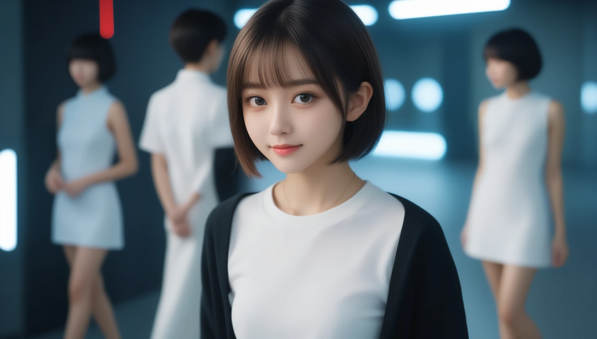 8K, 超High resolution, 最high quality, masterpiece, Surreal, photograph, 1 girl, (13 years old:1.3), pretty girl, Cute face, Beautiful eyes in every detail, 細かくdetailedに, High resolution, high quality、Perfect dynamic composition, high quality、masterpiece, Two close friends, Beautiful teenage girl, Sitting or kneeling, Short Bob,skinny, small skinny girls, pretty girlの顔, cyber punk, cyber punkの服を着る, Full Body Lesbian, futuristic cyber punk, Innocent, Playful, Famous Japanese actresses, Very beautiful face、See through 、Look at the audience、beauty,Long neck、Smile a little、Please close your mouth and laugh、(((Ideal body proportions))),A cup small breasts :2,、Portraiture:2、Perfect Anatomy、Vivid details、detailed、Surreal、Light and shadow,Strong light,Fashion magazine cover,Thin lips