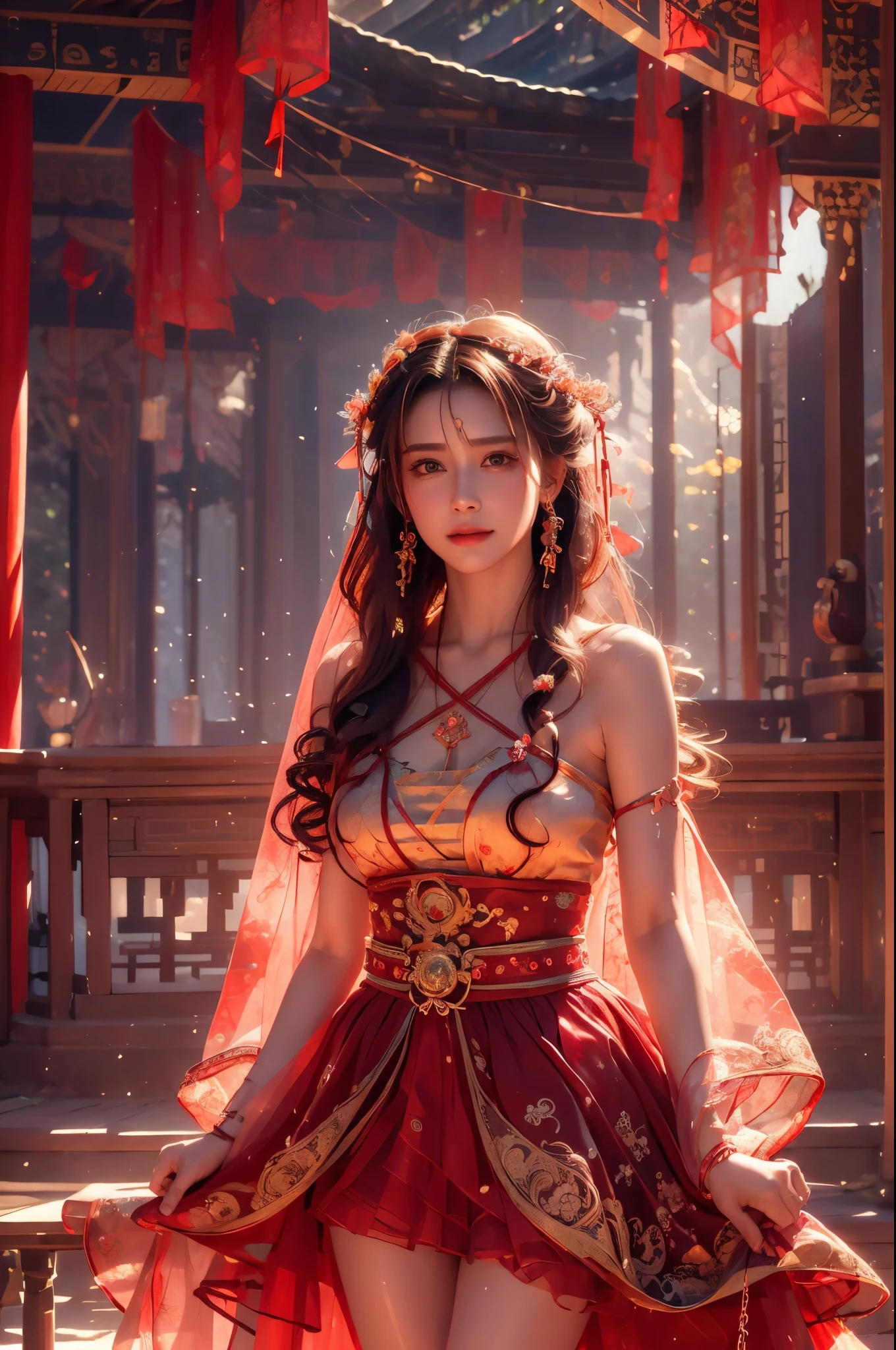 (photorealistic:1.4),Keep your eyes on the camera,Smile, ultra detailed, beautiful and aesthetic, masterpiece, best quality,lifelike rendering,Bokeh posture model, Unreal,(portrait of a cowboy shot:1), flamboyance, 1girl, see-through , upskirt,minghun, ( stochastic pose,stochastic action),tyndall effect, perfect lighting,detailed lighting,dramatic shadows, glowing, long hair, Around,hanfu, perfect ratio,hime cut,luxury, jewelry,ornate, bracelet, hairpin,embroidery,