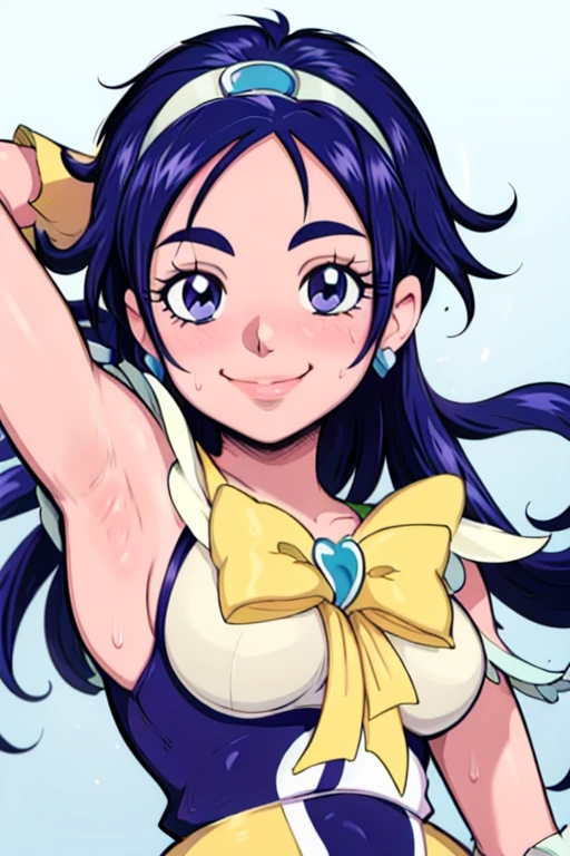 masterpiece, best quality, pretty cure, looking at viewer, very large breasts, upper body, portrait, looking at viewer, seductive smile,put your hands behind your head, armpits, armpits visible, sweaty armpits, long hair, blue hair, white putfit