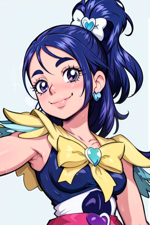 masterpiece, best quality, pretty cure, looking at viewer, very large breasts, upper body, portrait, looking at viewer, seductive smile,put your hands behind your head, armpits, armpits visible, sweaty armpits, long hair, blue hair, white putfit