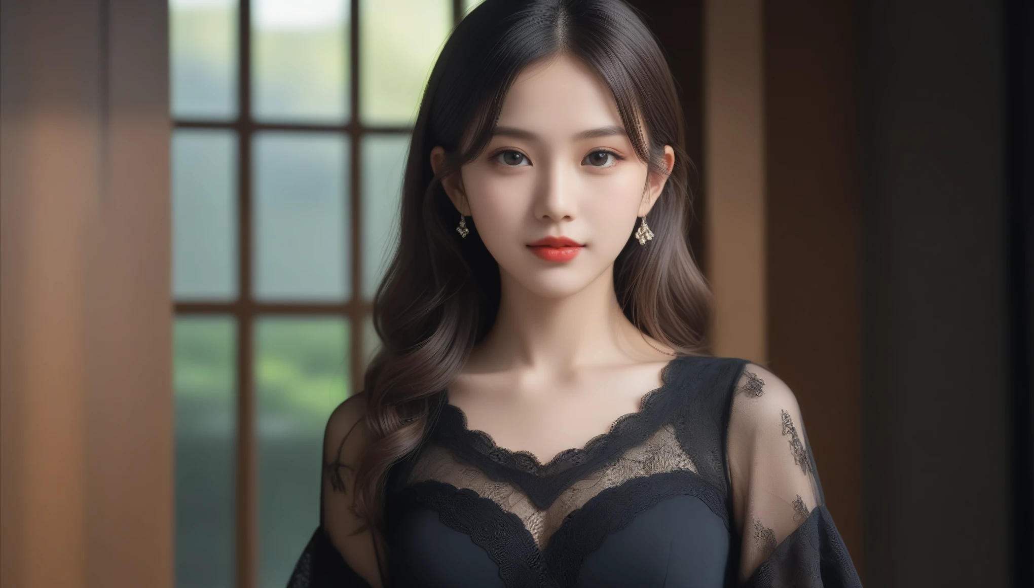 8K, 超High resolution, 最high quality, masterpiece, Surreal, photograph, 1 girl, (10 years old:1.3), pretty girl, Cute face, Beautiful eyes in every detail, 細かくdetailedに, High resolution, high quality、Perfect dynamic composition, Attractive Japanese beauty、LTRAのdetailed、魅惑的なbeauty、Pretty Woman、Cool girl、Wavy Hair、Black chiffon dress、Wide sleeves、flare skirt、Black Pantyhose、Evil女性幹部、Evil堕落、brainwashing、Lace fabric、Shiny legs、Red lipstick、Evil表情、Suspicious look、Hollow Eyes、Evil、Reaching out、At church、Slutty Makeup、pendant,See through 、Look at the audience、beauty,Long neck、Smile a little、Please close your mouth and laugh、(((Ideal body proportions))),A cup small breasts :2,、Portraiture:2、Perfect Anatomy、Vivid details、detailed、Surreal、Light and shadow,Strong light,Fashion magazine cover,Thin lips