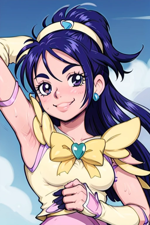 masterpiece, best quality, pretty cure, looking at viewer, very large breasts, upper body, portrait, looking at viewer, seductive smile,put your hands behind your head, armpits, armpits visible, sweaty armpits, long hair, blue hair, white outfit