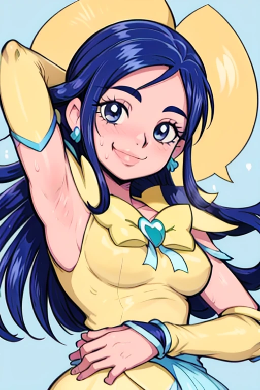 masterpiece, best quality, pretty cure, looking at viewer, very large breasts, upper body, portrait, looking at viewer, seductive smile,put your hands behind your head, armpits, armpits visible, sweaty armpits, long hair, blue hair, white outfit