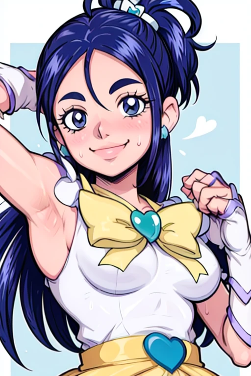 masterpiece, best quality, pretty cure, looking at viewer, very large breasts, upper body, portrait, looking at viewer, seductive smile,put your hands behind your head, armpits, armpits visible, sweaty armpits, long hair, blue hair, white outfit