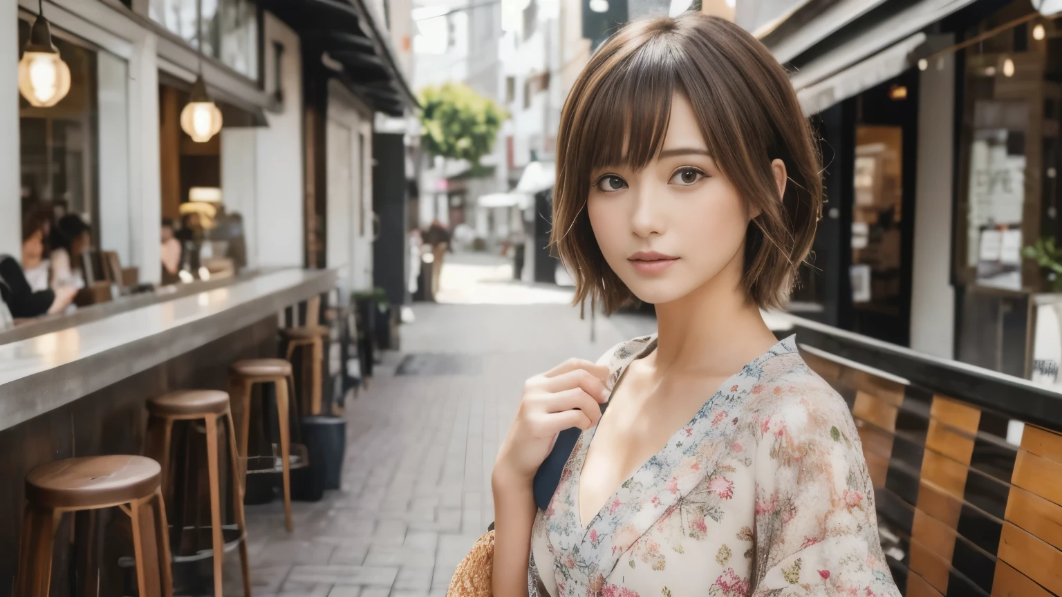 super high quality, Fashion Model, short hair, thin, (8k、RAW Photos、highest quality、masterpiece:1.2), Japanese Idols, Serious expression, Shaggy, Brown Hair, Stylish cafe, Fashion magazine shooting, People having fun at the cafe々Bustling with., (Realistic、Realistic:1.37), Beautiful Face , Urban Cafe, Small breasts, A gentle gaze, Spring Clothes, Dress neatly