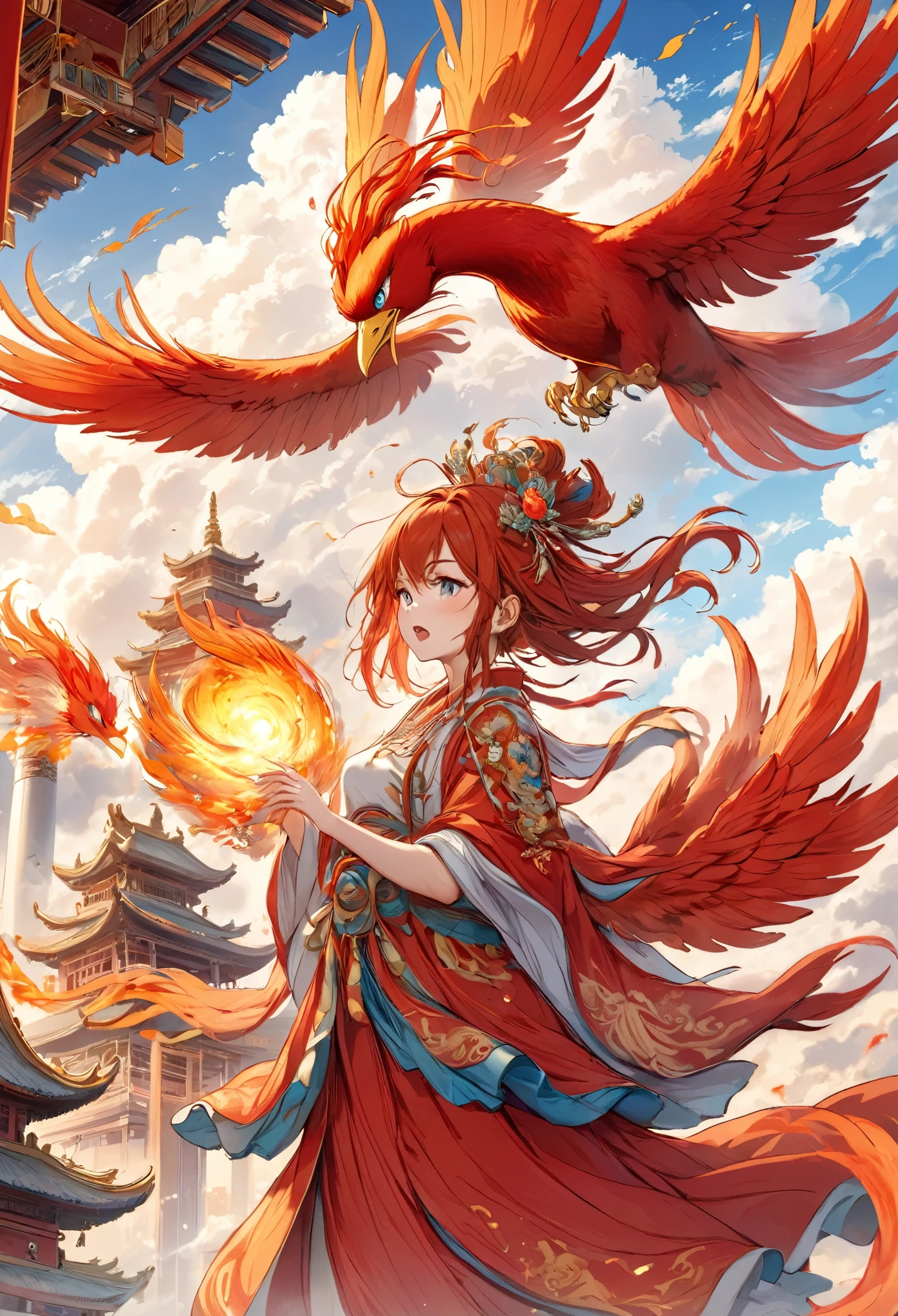 (masterpiece, best quality:1.2), bite_style,1 person,girl,Fairy,Phoenix,cloud,Temple,cartoon