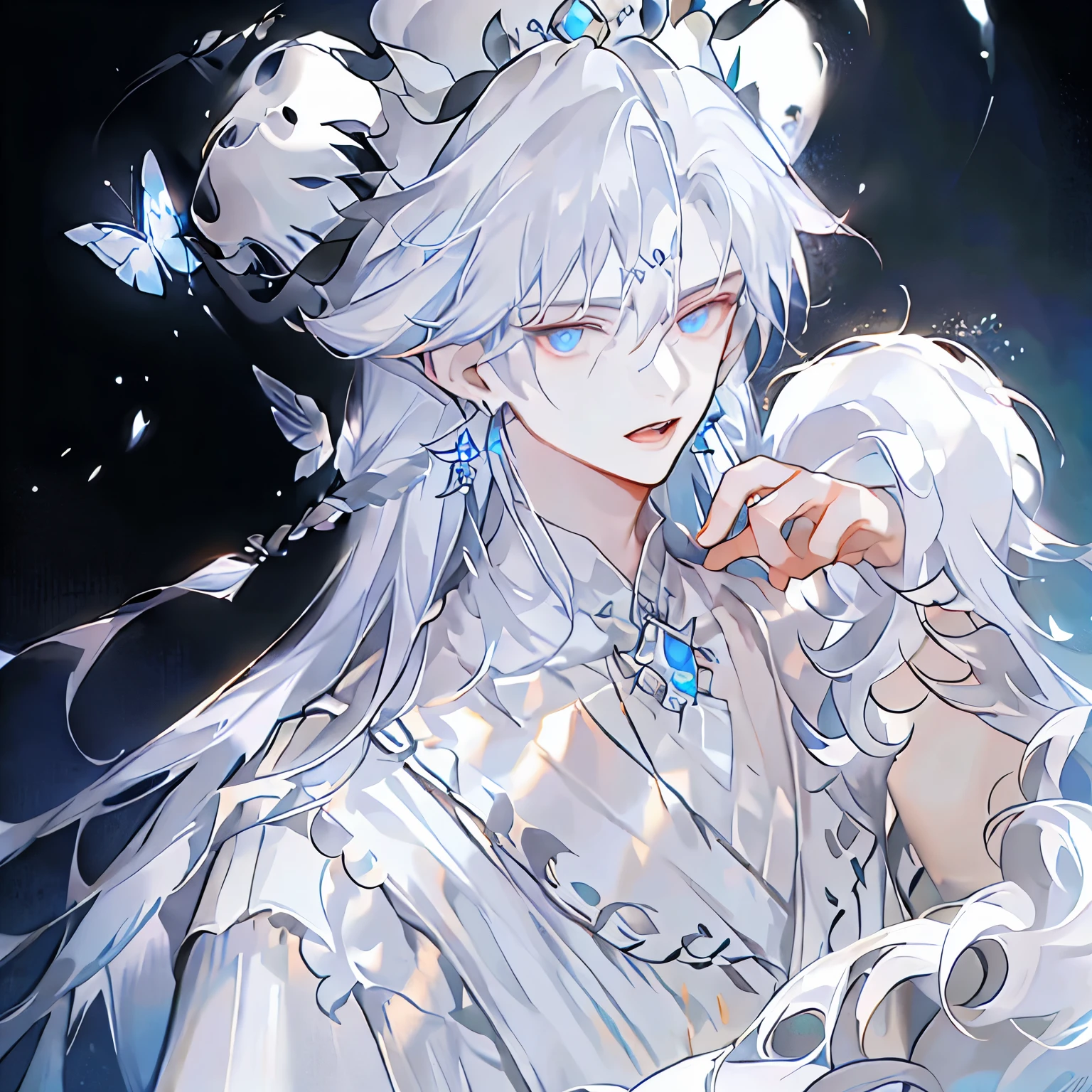 masterpiece, Male focus, 1 boy, solitary, white hair, tassel earrings, tassel, jewelry, earrings, open mouth, black background, blue eyes, Long hair, Vulnerabilities, Butterfly, Upper Body, Hair between the eyes, Colorful hair，Pearlescent Rose，Personal，The eyes are depicted in great detail