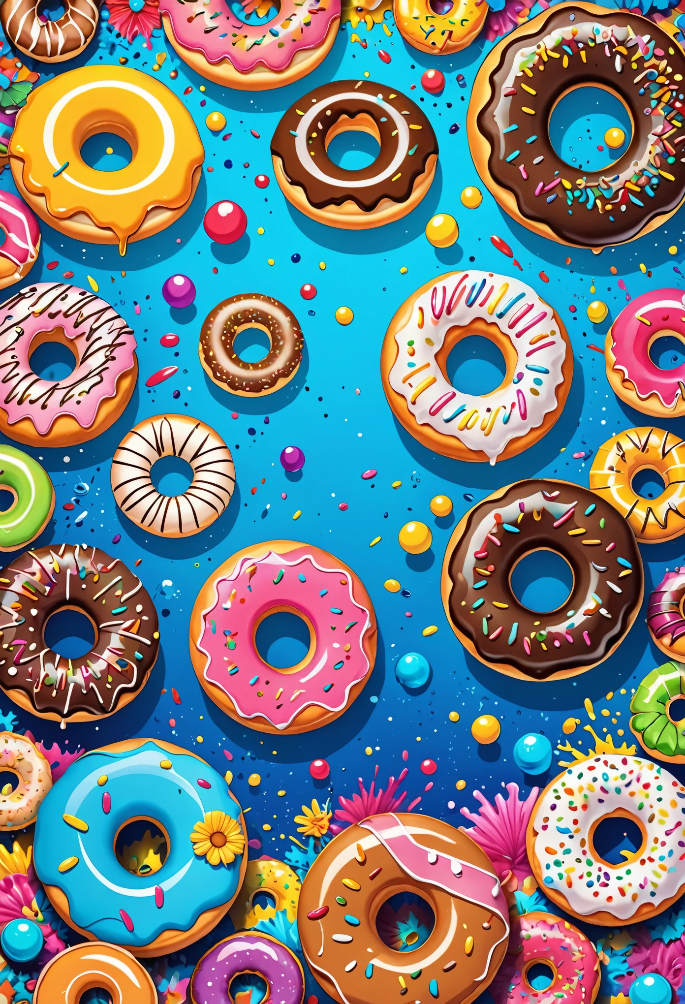 Vector Art, Colorful illustration with lots of cartoon donuts, In the center, Vibrant colors, Paint splatters and stains, High Detail, Underwater swimming background