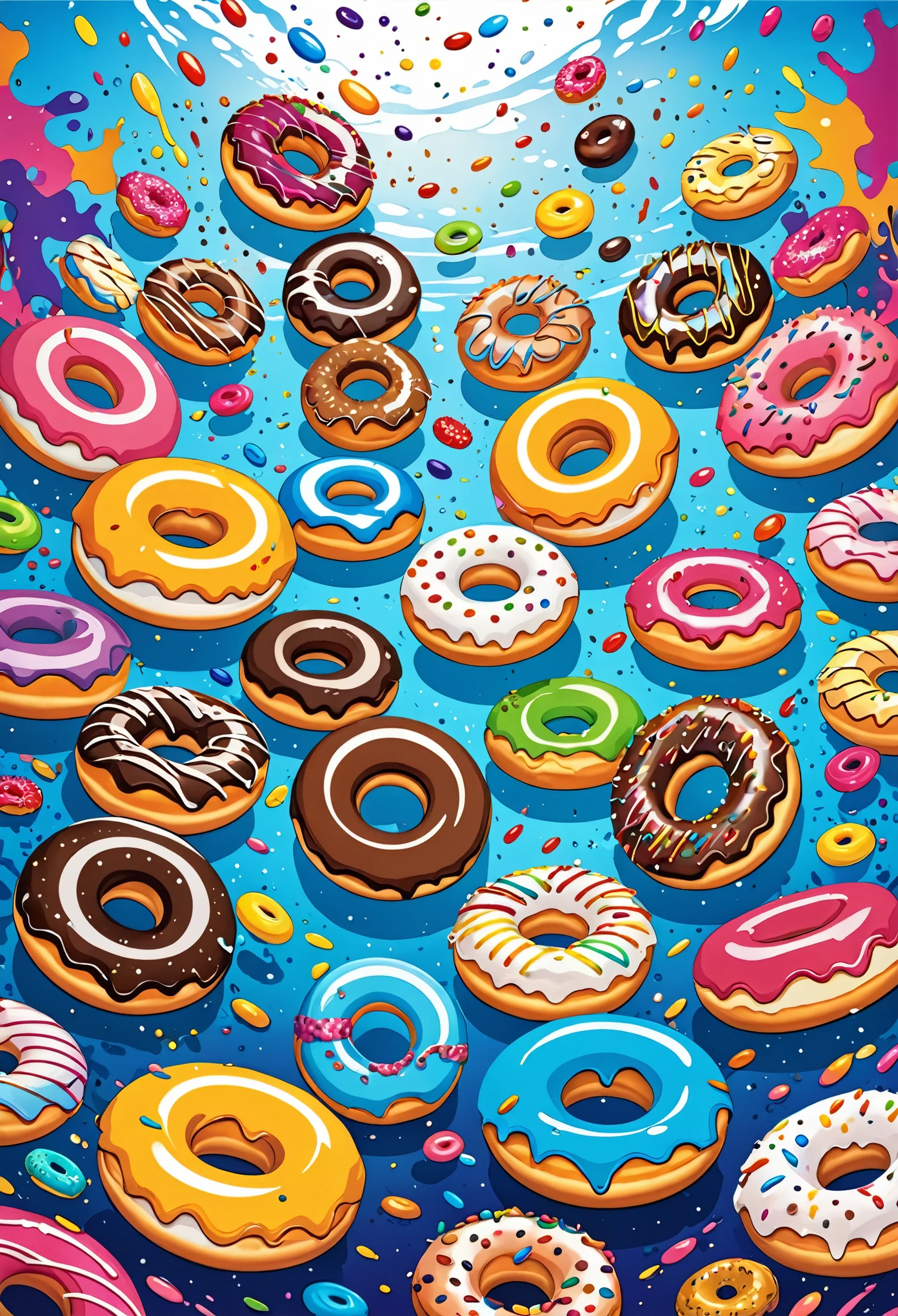 Vector Art, Colorful illustration with lots of cartoon donuts, In the center, Vibrant colors, Paint splatters and stains, High Detail, Underwater swimming background