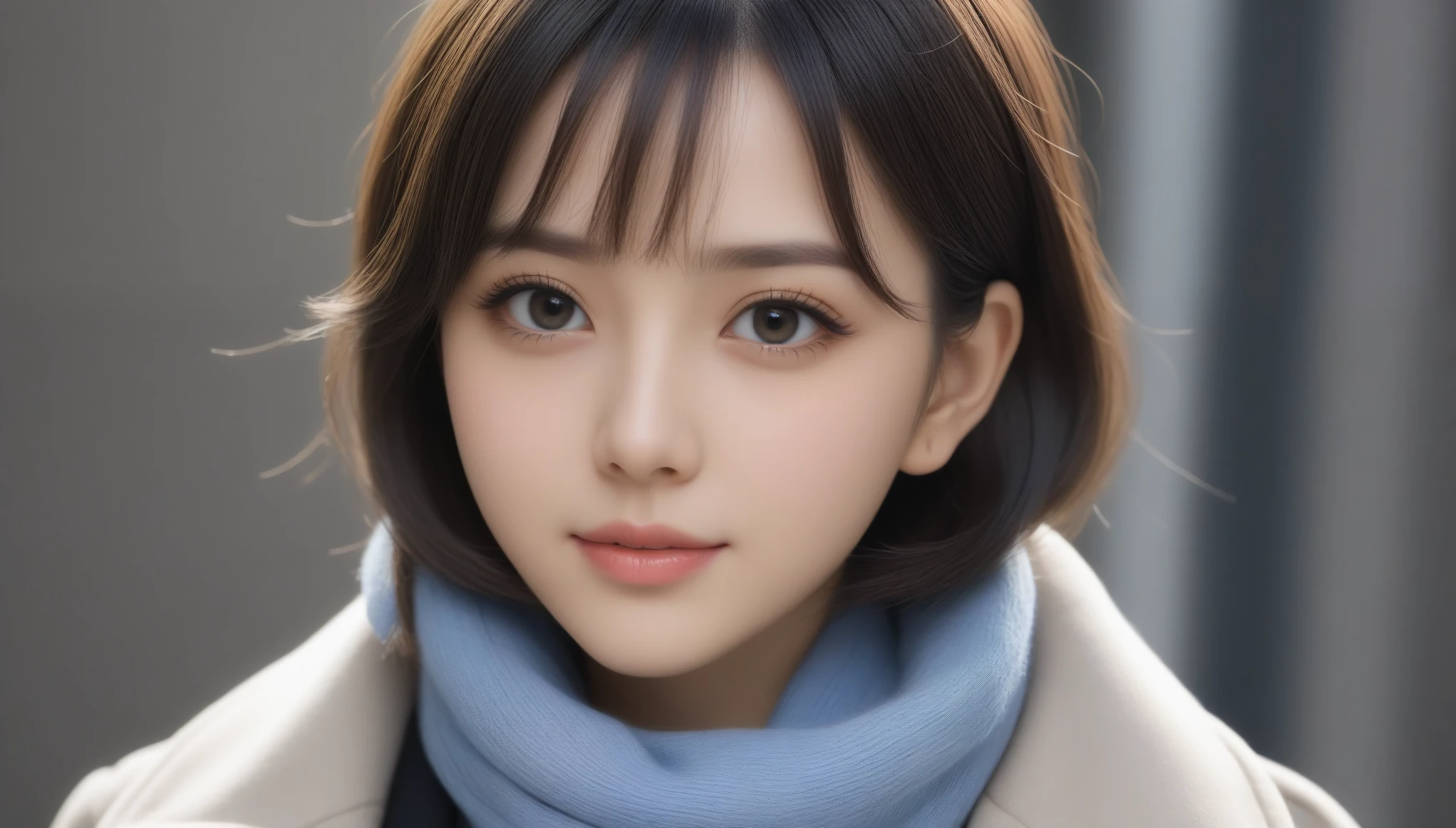 8K, Ultra-high resolution, highest quality, masterpiece, 超Realistic, photograph, 1 girl, (20-year-old:1.3), pretty girl, Cute face, Beautiful eyes in every detail, 細かくdetailedに,(Tabletop, highest quality),One Girl, solo, Shiny black hair, scarf, Realistic, Looking at the audience, Light-coloured black eyes, short hair, coat, Winter clothes, scarf, Lips, Lip gloss，Bans,, Mouth closed, Upper body、Big eyes、Eyelashes、((street))、((前髪ありshort hair、Big eyes、Give students a very strong highlight、Very large breasts、Staring at the audience、とても美しいbeauty、Listen carefully、Long neck、Smile a little、Please close your mouth and laugh、Please look closely at the camera)))、See through 、Look at the audience、beauty,Long neck、Smile a little、Please close your mouth and laugh、(((Ideal body proportions))),A cup small breasts :2,、Portraiture:2、Perfect Anatomy、Vivid details、detailed、超Realistic、Light and shadow,Strong light,Fashion magazine cover,Thin lips