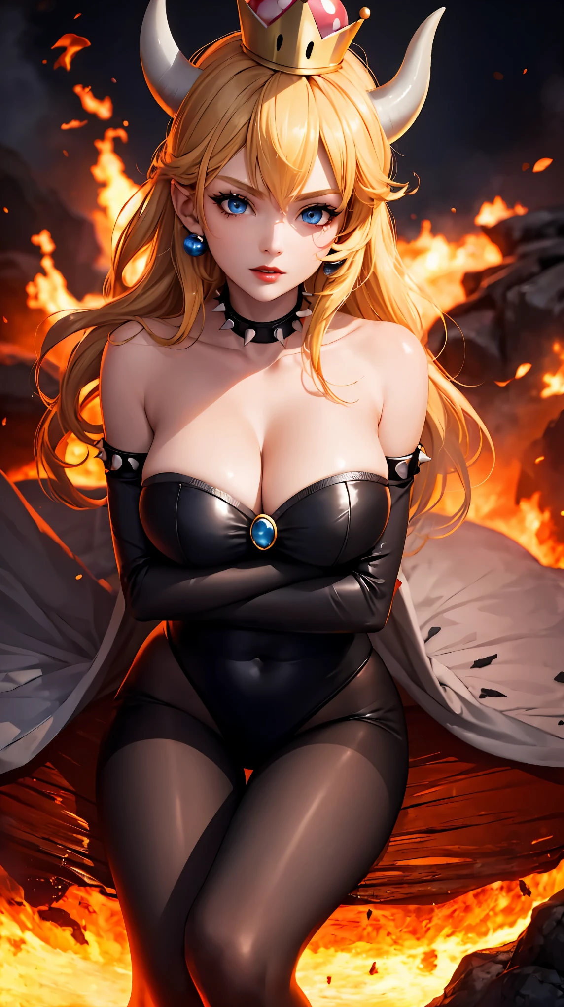 ((high detailed, best quality, 4k, masterpiece, hd:1.3)), ((best quality)), (((HD))), (((8k))), (ultraDH), (ultra HD), Princess Daisy, blue eyes, BREAK blue eyes, seductive, attractive, smooth anime cg art, 36C breasts, long legs, vivid colors, detailed digital art, slim body, perfect skin, dark blonde hair, long hair, blonde hair, blonde hair, BREAK crown, cleavage, 36C cleavage, looking at viewer, BREAK looking at viewer, extremely detailed face, red santa suit, red santa claus suit, santa claus suit, earrings, gem, dark black makeup lips, dark gothic eyeshadows, dark eyeshadows, black eyeshadows, black sexy lips, black lips, (dark:1.2), dark lips, very dark lips, (perfect hands, perfect anatomy), black makeup, black medium lips, black thick lips, detailed fingers, five fingers per hand, 5 fingers, (1 girl), detailed lips, detailed black lips, black painted lips, gothic painted lips, BREAK night, night sky, (breast focus), (arms outstreched:1.2), (from above:1.1), (breasts out:1.3), (off shoulder:1.1), (white horns), (bra), inside a lava castle, she inside a sea of lava, she bathing in lava, full body, perfect long legs, perfect foots, legs and foots into the lava,