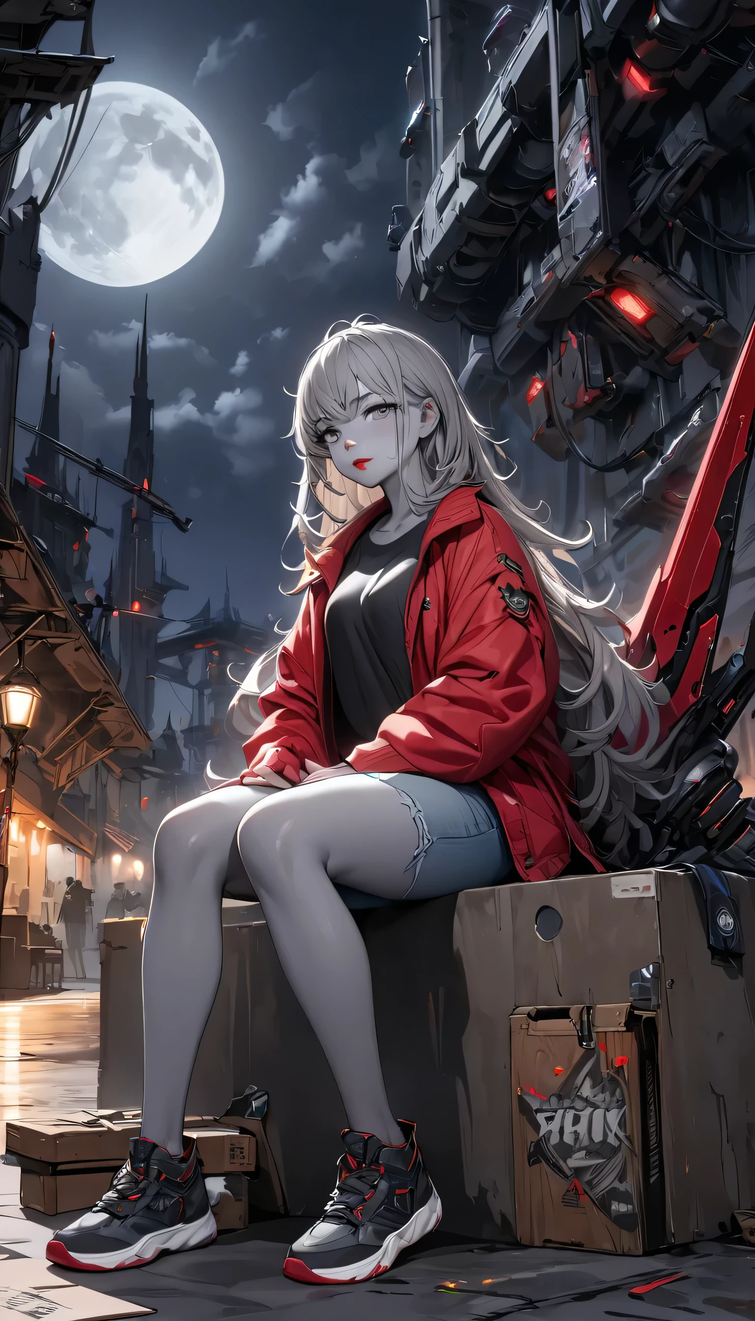 (Sci-fi fantasy), (masterpiece), (Professional Oil Painting) (highest quality), (8k resolution), (1 beautiful girl), ((Pale grey skin)), (Iron grey skin), ((Jeans Clothes)),(Red jacket)), ((Black t-shirt underneath), ((Red lipstick)), ((Black sneakers)), (Concept Art), Small box, (Long Hair), (Messy Hair), (Gray Hair), (Iron-gray hair), ((With futuristic weapons)), (ammunition), ((Moonlight at night)), (Sit down and think))