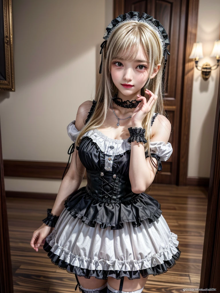 Accurate depiction with high resolution,(8K, Photorealistic, Raw photo, of the highest quality: 1.3), (1girl in), Super beautiful, (Realistic face), (boyish, Silver Color Berry Shorthair), Beautiful , Glare that captivates the viewer, Beautiful expression, Beautiful breasts, (Realistic skin), Be...Super high quality, super high definition, super detailed, masterpiece, 20years old, female, cute, perfect face, beautiful, nice body, gothic lolita clothes, gothic lolita fashion, frilly skirt, headdress, necklace, bracelet, knee-high socks, boots, double eyelids, tear bags, Detailed down to the fingers, photo-like description, indoors, dim indoor lighting, blonde hair, semi long, standing, whole body, composition that shows the whole body, smiling