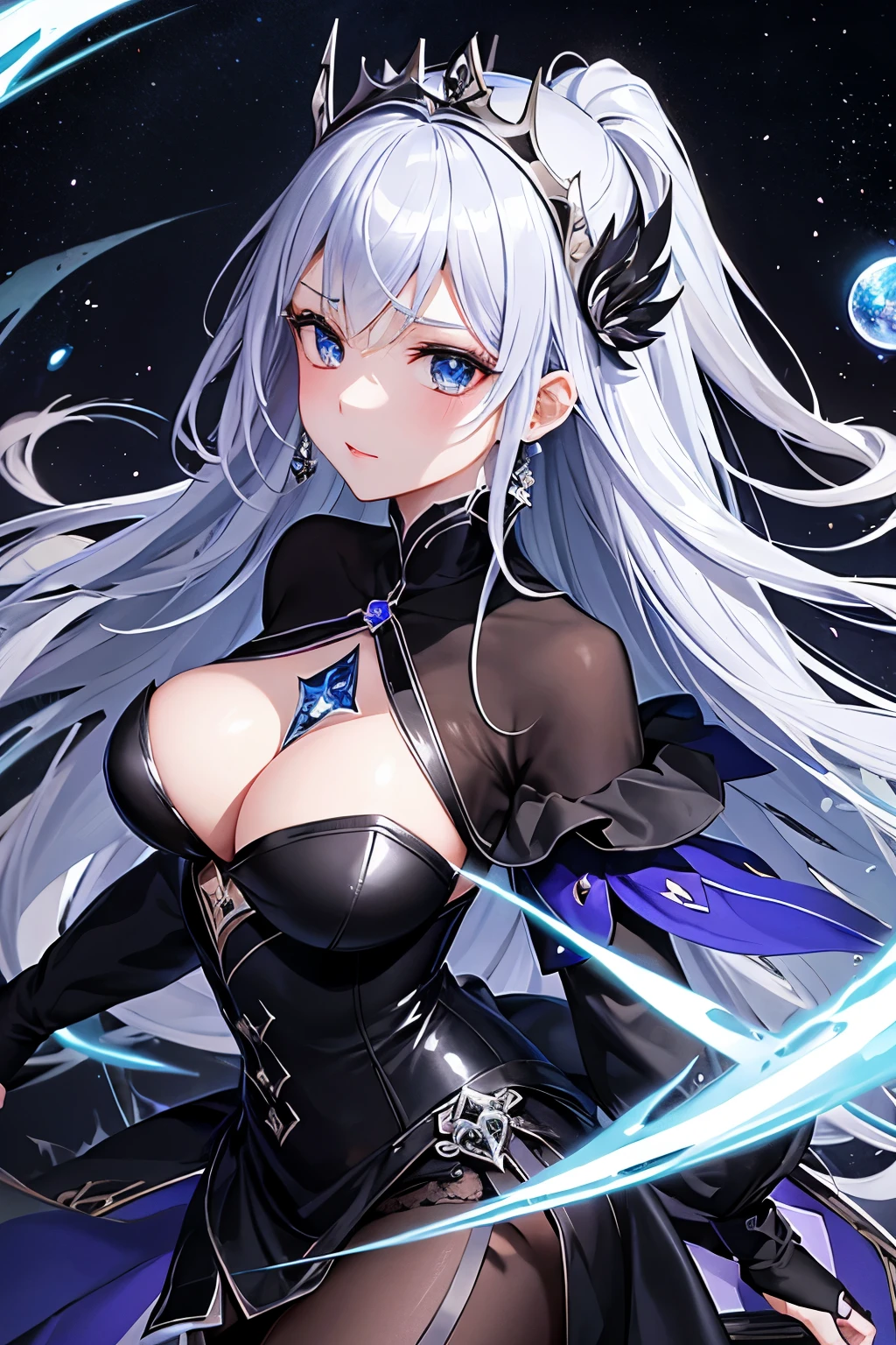 (((highest quality、first-class、masterpiece、Normal body、8k、Detailed face、Ultra-precision、Normal hand、Normal finger、5Finger、)))Blue and silver hair、Princess、Black Dress、Black Skirt、Ridiculous Costumes、Shiny Tiara、Metal Boots、Death Scythe、Dark Scythe、Grim Reaper、grim Reaper、Colorful Magic Light、magic cirlcle、Order and Chaoyth、Collapsed galaxy、Dimensional Destruction、Crimson Flare、Paradox、Matrix、Cesar、Stigmata
