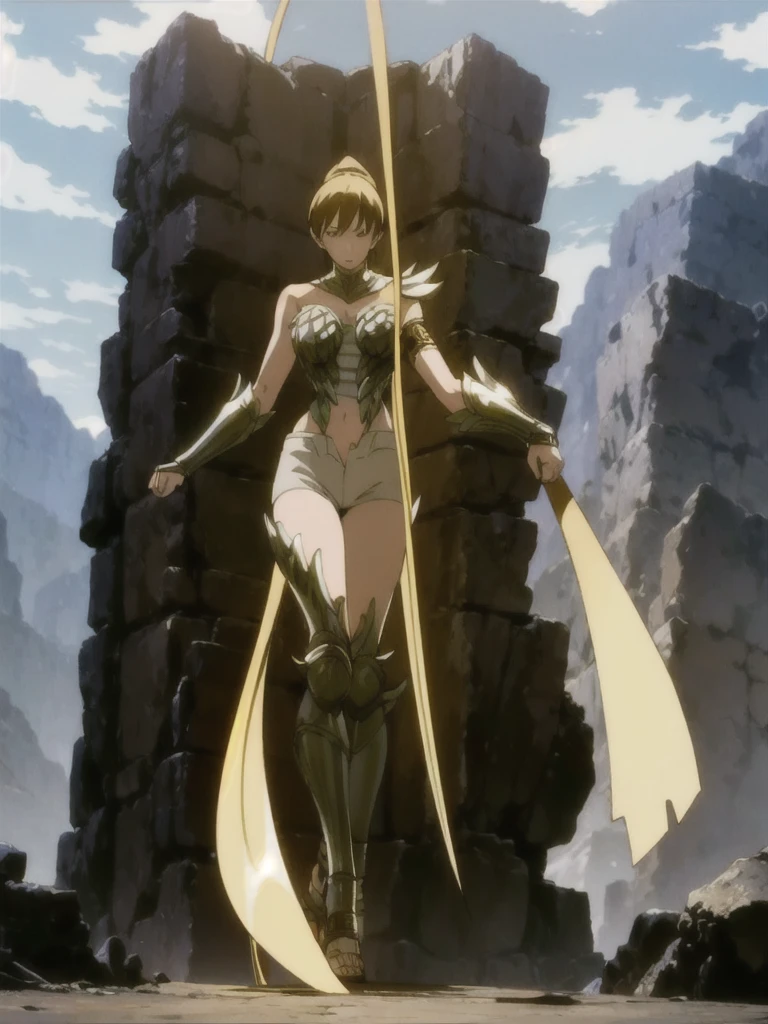 Create a high-quality image of a woman wearing full-body golden armor. She is depicted in a majestic pose, proudly standing amidst a grandiose backdrop. Her armor gleams with the brightness of gold, reflecting the sunlight streaming through the clouds. Her hair cascades over her shoulders, framing her determined and confident face. In her hands, she holds a sword or shield, ready to defend her cause with bravery. In the background, an epic landscape of towering mountains and a vast, infinite sky. This woman is a vision of power and nobility, a fearless leader ready to face any challenge that comes her way.