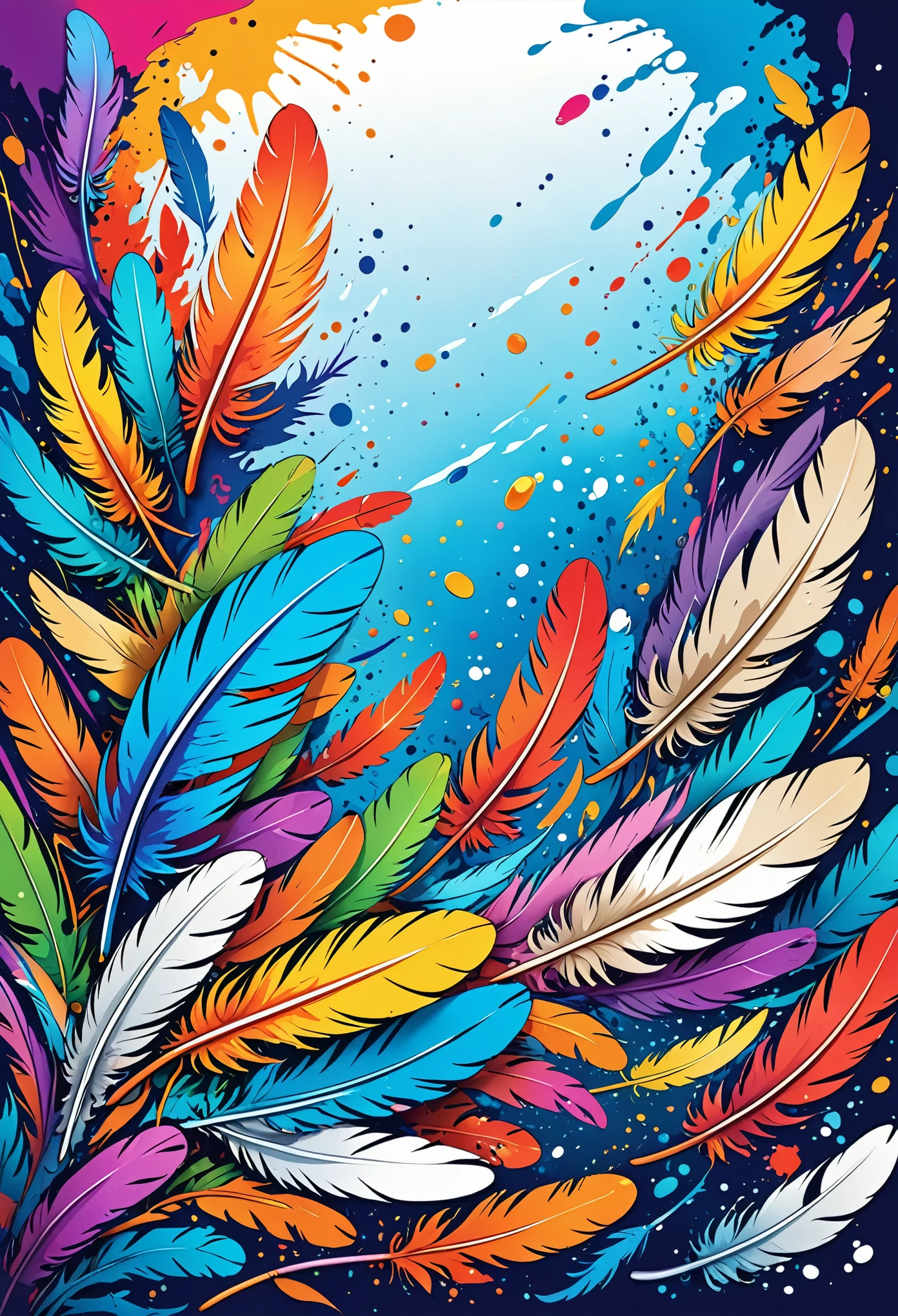 Vector Art, Colorful illustration with lots of cartoon feathers, In the center, Vibrant colors, Paint splatters and stains, High Detail, Underwater swimming background
