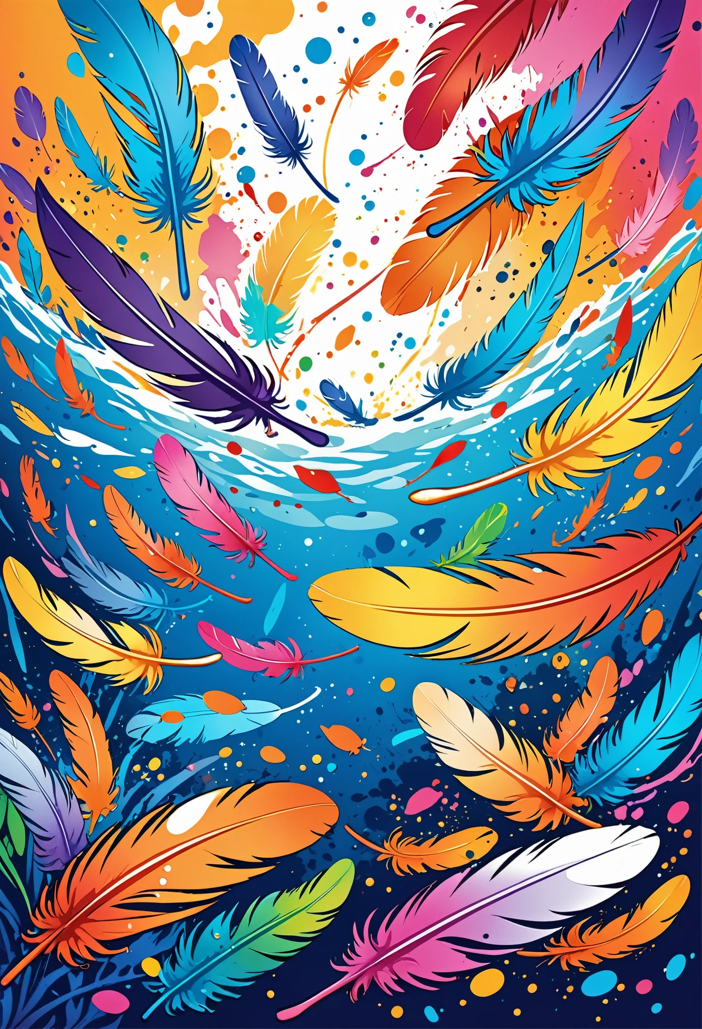 Vector Art, Colorful illustration with lots of cartoon feathers, In the center, Vibrant colors, Paint splatters and stains, High Detail, Underwater swimming background