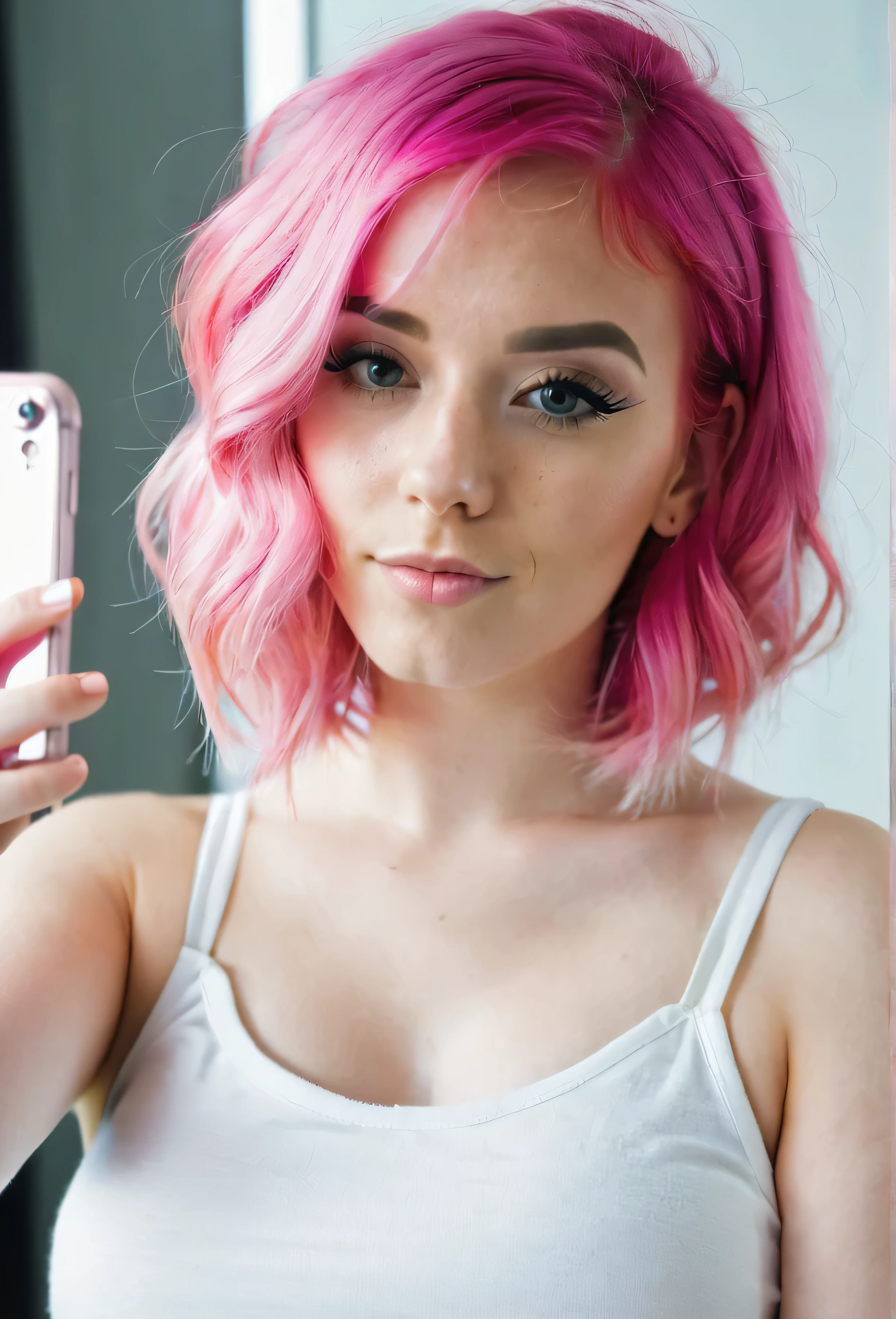 Portrait of a girl with pink hair doing selfie in mirror 