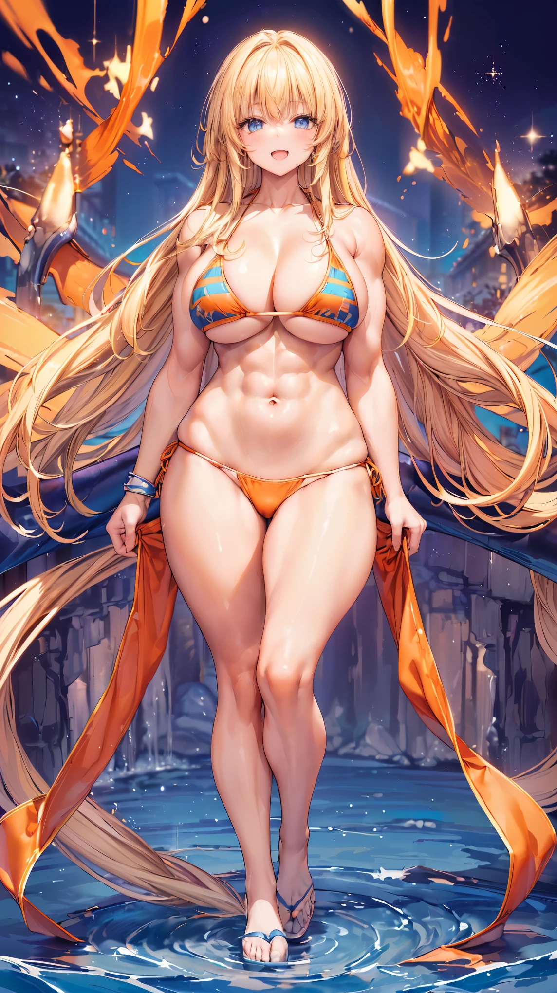 Very detailed、highest quality、Best image quality、masterpiece、8k、Anime Face、A kind smile、(Open your mouth:1.3)、Sparkling blue eyes、(Blonde semi-long hair:1.5)、(Muscles of the whole body:1.3)、(High leg:1.8)、Thigh belt、(Orange Bikini:1.5)、(Cowboy Shot:1.5)、(SFW Giant)、(Thick body:1.2)