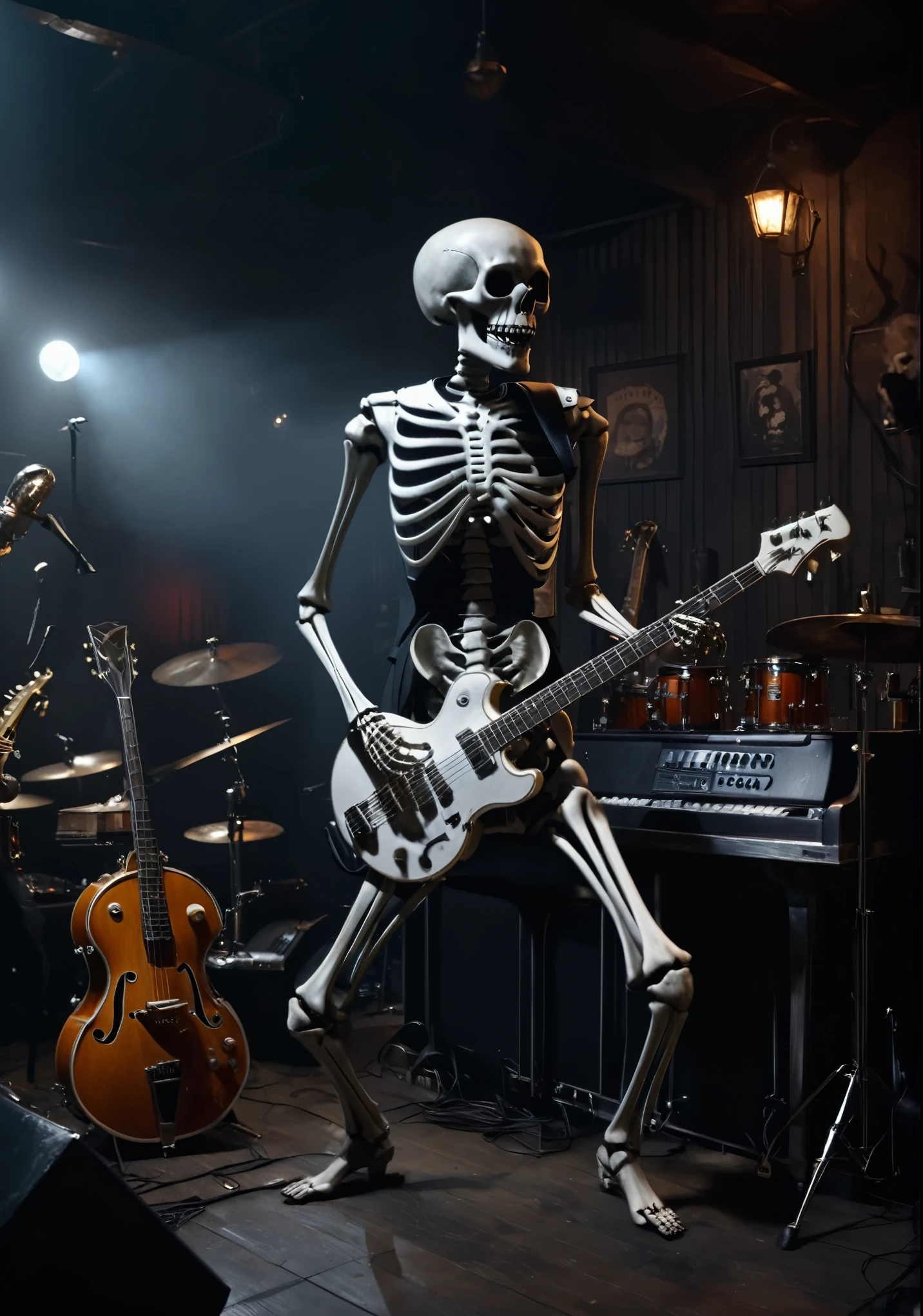 A skeleton is playing an electric guitar、You can see the drums and double bass.、The hands are also bones、The skeleton is wearing a suit、Jazz band、In a dark bar、Atmospheric lighting、Attention to detail、8K、Detailed、