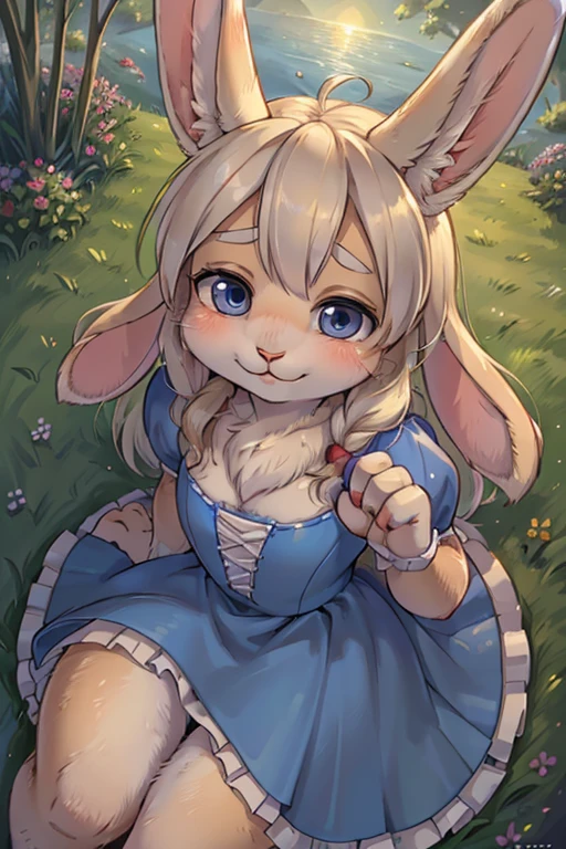 hairy rabbit teen , (realistic hairy rabbit fur:1.5) , round face , (tilt face:1.2) , (half-open eyes:1.5) , moist round eyes , Swollen cheeks , Seduction smile , glossy lips , princess dress , Alice in Wonderland , twilight , Adorable gestures , dynamic angle , from above , beggar