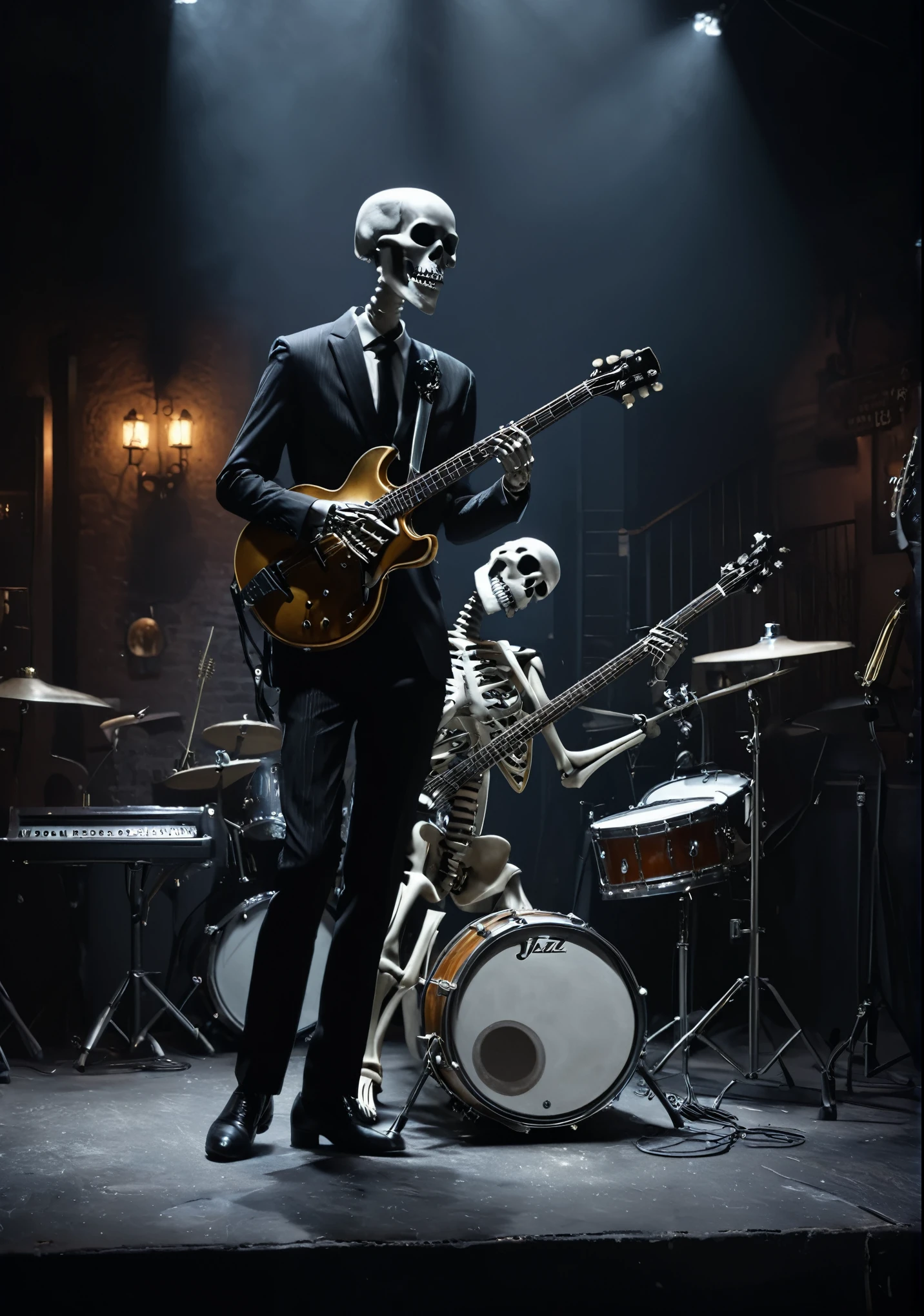 A skeleton is playing an electric guitar、You can see the drums and double bass.、The hands are also bones、The skeleton is wearing a suit、Jazz band、In a dark bar、Atmospheric lighting、Attention to detail、8K、Detailed、