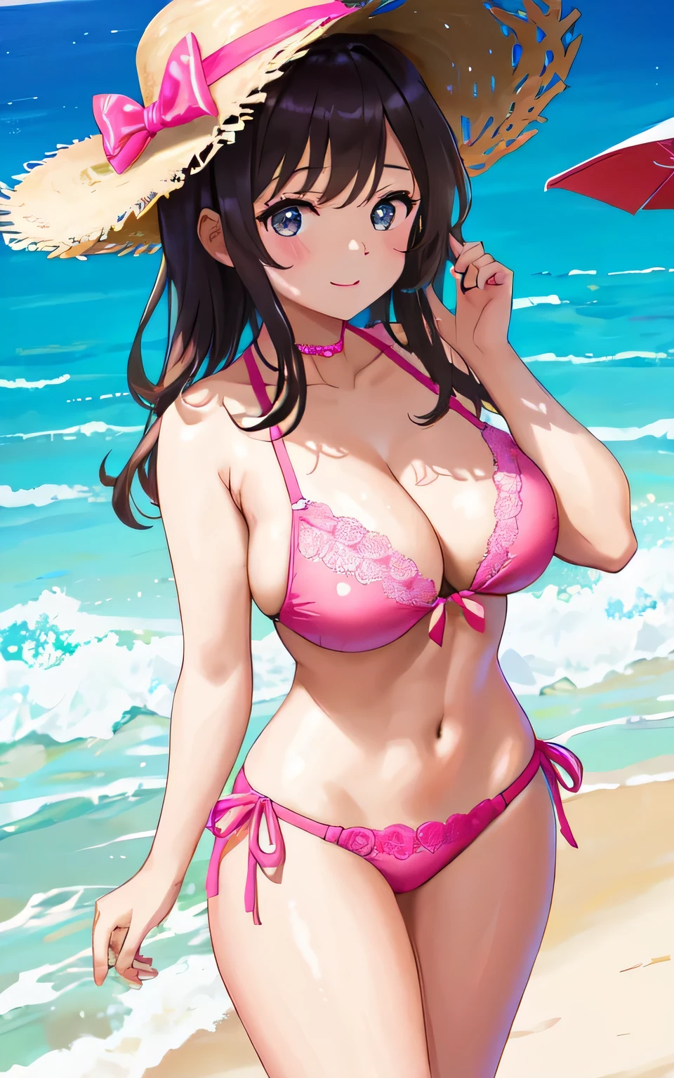 A with big breasts in a pink lace bikini swimsuit on the beach