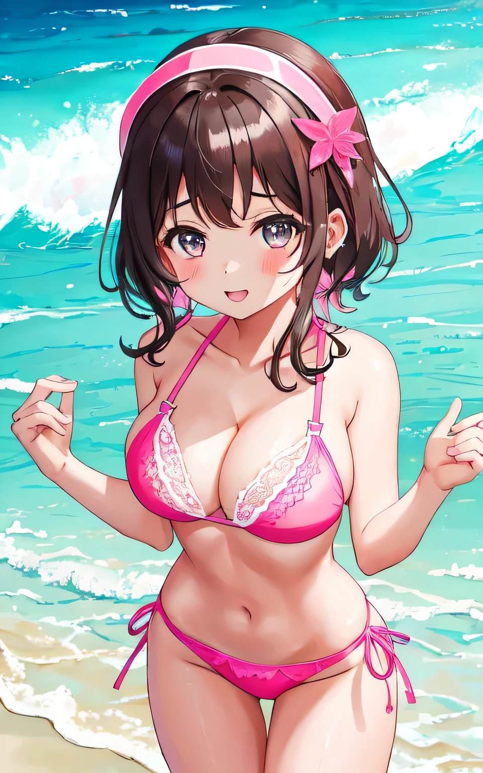 A 6--old l with big breasts in a pink lace bikini swimsuit on the beach