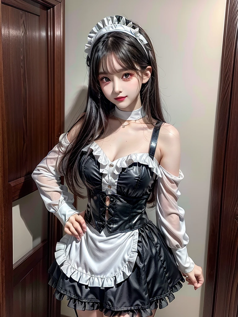 Accurate depiction with high resolution,(8K, Photorealistic, Raw photo, of the highest quality: 1.3), (1girl in), Super beautiful, (Realistic face), (boyish, Silver Color Berry Shorthair), Beautiful , Glare that captivates the viewer, Beautiful expression, Beautiful breasts, (Realistic skin), Be...Super high quality, super high definition, super detailed, masterpiece, 20years old, female, cute, perfect face, beautiful, nice body, gothic ta clothes, gothic loliashion, frilly skirt, headdress, necklace, bracelet, knee-high socks, boots, double eyelids, tear bags, Detailed down to the fingers, photo-like description, indoors, dim indoor lighting, black hair, semi long, standing, whole body, composition that shows the whole body, smiling