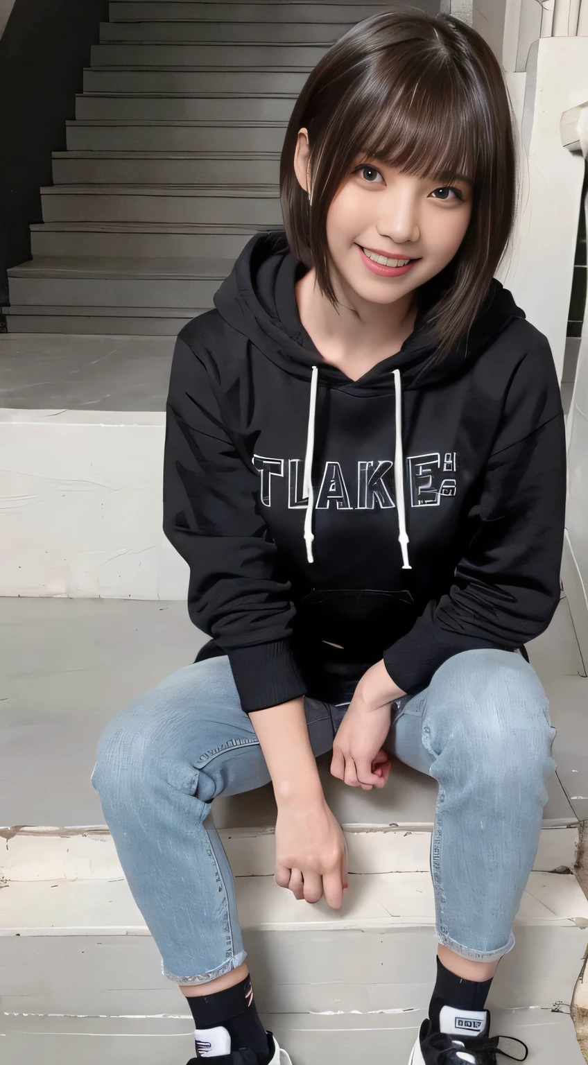 highest quality, Realistic, Very detailed, Finer details, High resolution, 8k wallpaper, One beautiful woman,Sit on the stairs、(Wear black socks)smile、(Beautiful teeth alignment、)(Gums are visible) Oversized hoodie, Skinny jeans,( Black sneakers)、Black Hair、 Beautiful Bangs、ear piercing、Perfect dynamic composition, Beautiful and detailed, Full Body Shot, A big smile