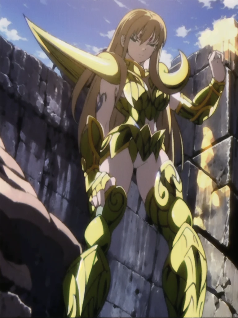 Create a high-quality image of a woman wearing full-body golden armor. She is depicted in a majestic pose, proudly standing amidst a grandiose backdrop. Her armor gleams with the brightness of gold, reflecting the sunlight streaming through the clouds. Her hair cascades over her shoulders, framing her determined and confident face. In her hands, she holds a sword or shield, ready to defend her cause with bravery. In the background, an epic landscape of towering mountains and a vast, infinite sky. This woman is a vision of power and nobility, a fearless leader ready to face any challenge that comes her way.