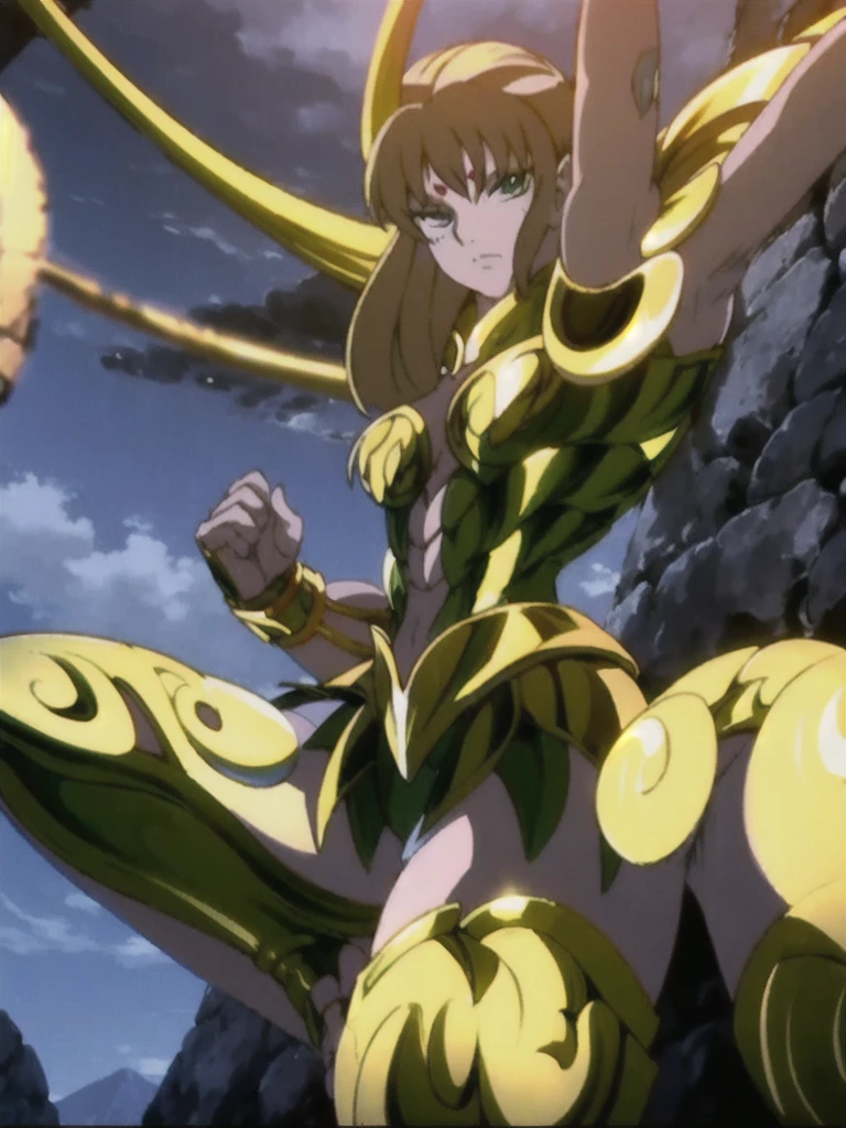 Create a high-quality image of a woman wearing full-body golden armor. She is depicted in a majestic pose, proudly standing amidst a grandiose backdrop. Her armor gleams with the brightness of gold, reflecting the sunlight streaming through the clouds. Her hair cascades over her shoulders, framing her determined and confident face. In her hands, she holds a sword or shield, ready to defend her cause with bravery. In the background, an epic landscape of towering mountains and a vast, infinite sky. This woman is a vision of power and nobility, a fearless leader ready to face any challenge that comes her way.