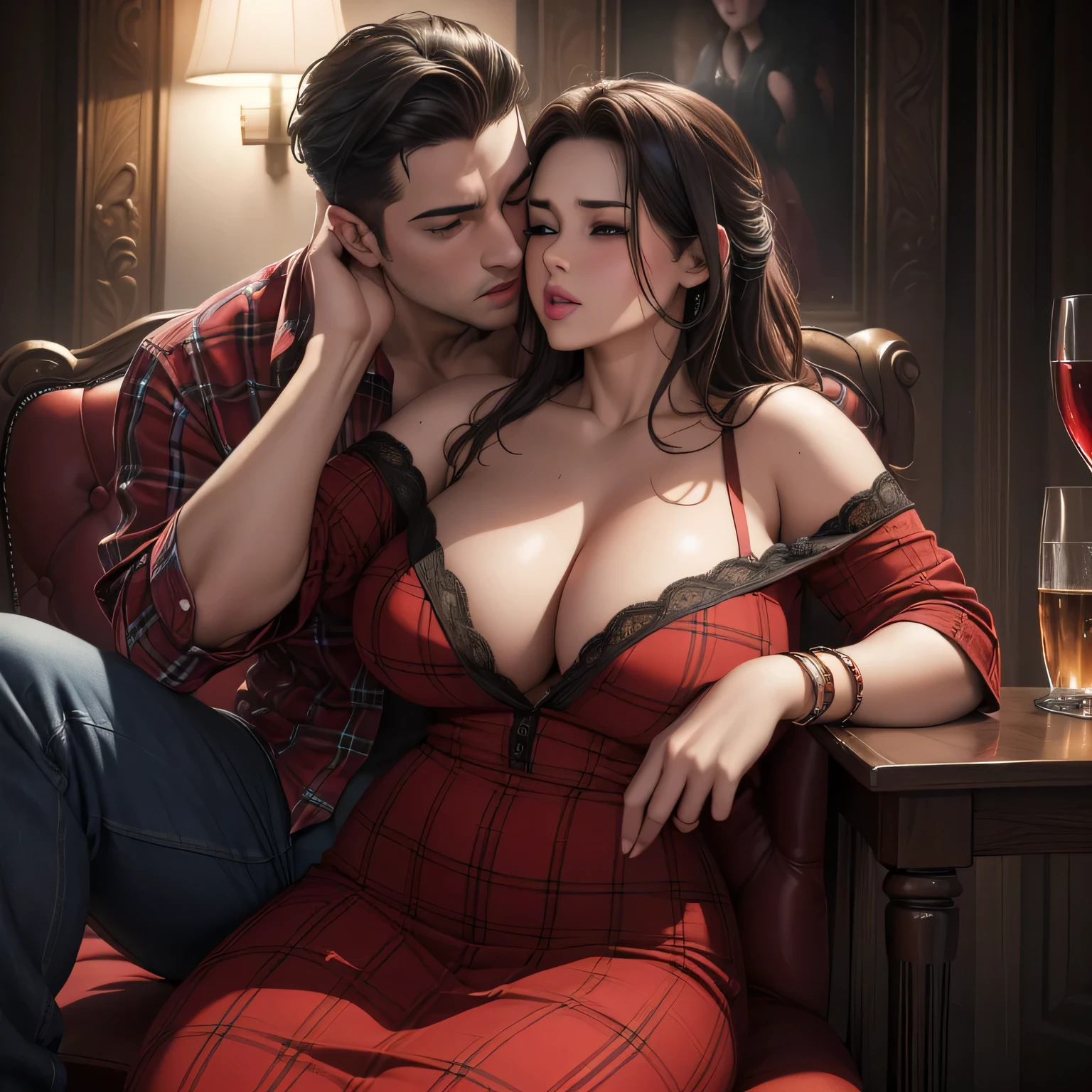 (best quality,4k,8k,highres,masterpiece:1.2),ultra-detailed,(realistic,photorealistic,photo-realistic:1.37), portraits,color grading,dramatic lighting,passionate,love,attraction,erotic,sensual,red dress,flannel shirt,jeans,sexy woman,young man,on lap,chair,kissing,making out,dim lighting,desire,lust