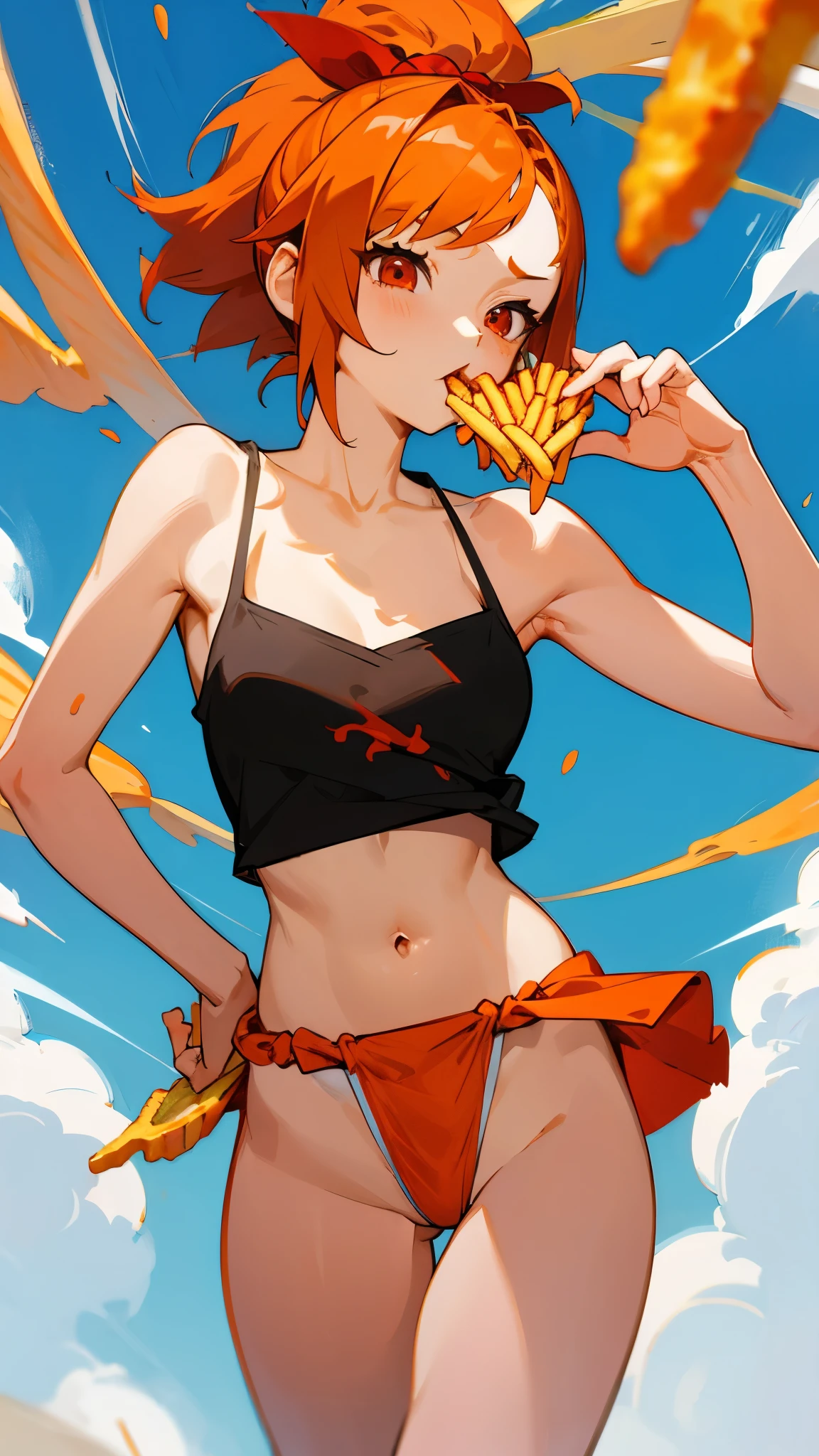 Anime style painting、1 girl、From behind、Orange Hair、ponytail、Round red eyes、short hair、camisole、Loincloth、smile、Eating French Fries